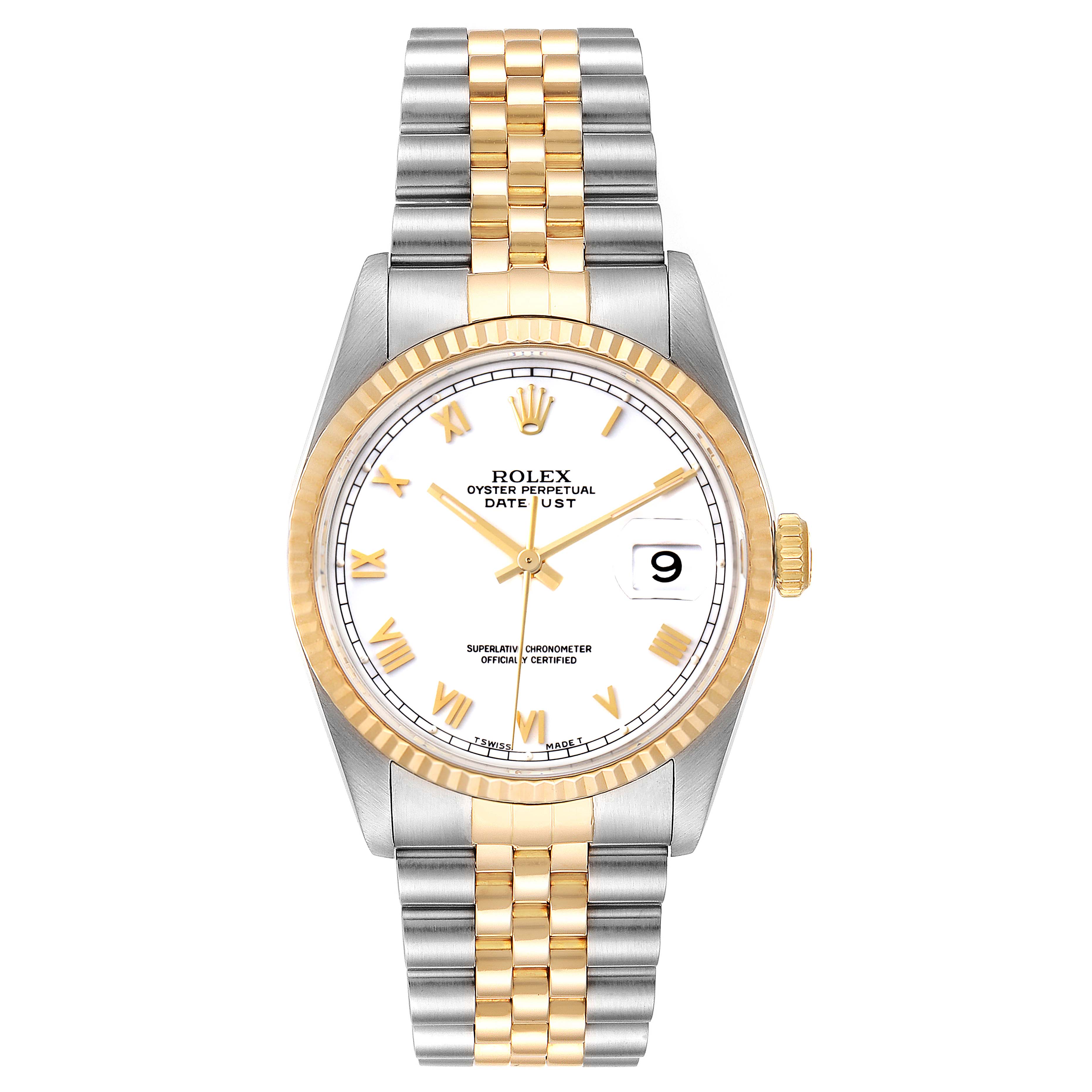 The image shows a Rolex Datejust 16233 Men's Steel and Gold (two tone) White Dial 16233 Men's Steel and Gold (two tone) White Dial watch from a top-down angle, showcasing its face, bezel, and bracelet.