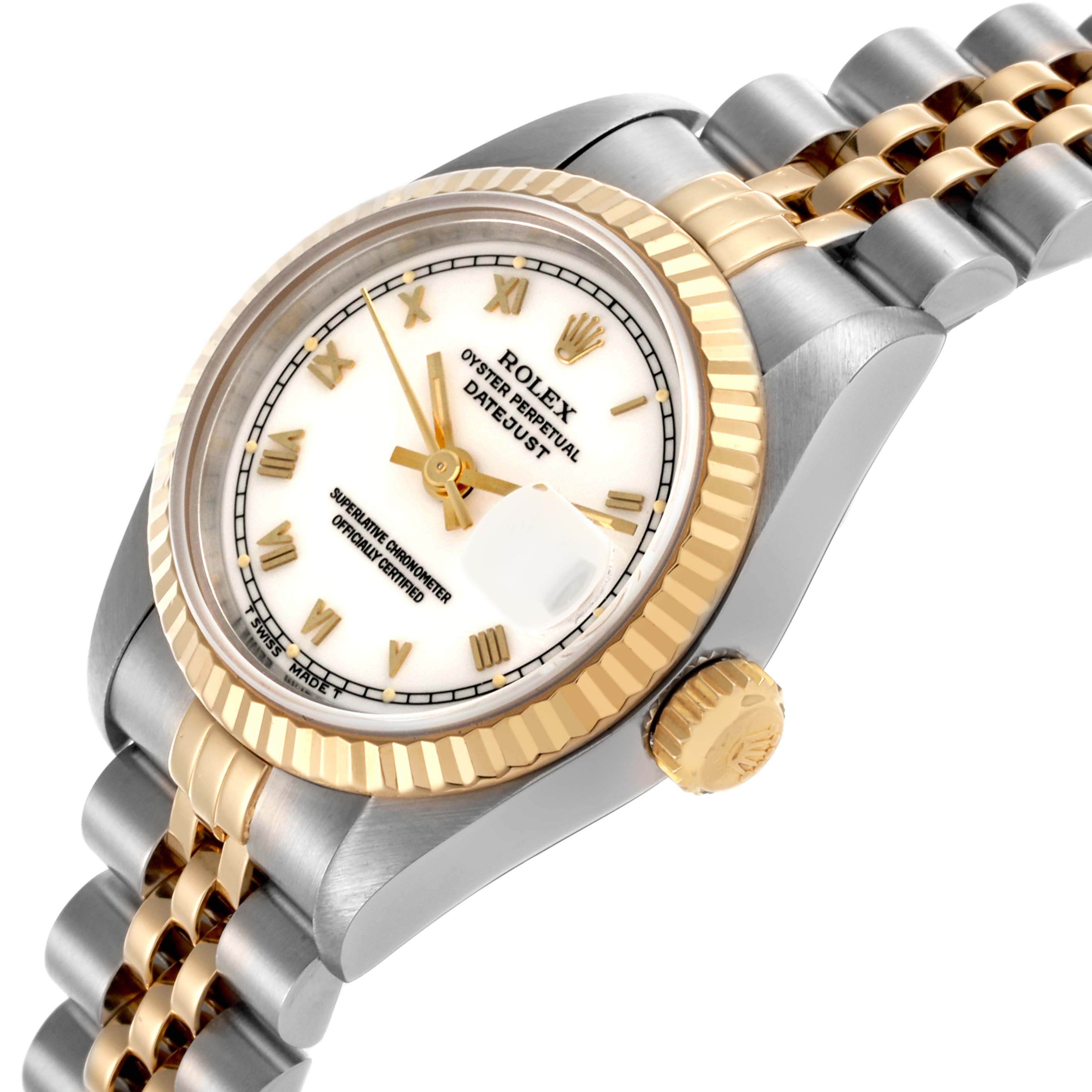 The Rolex Datejust 69173 Women's Steel and Gold (two tone) White Dial 69173 Women's Steel and Gold (two tone) White Dial watch is shown at an angle highlighting the face, bezel, crown, and part of the two-tone bracelet.