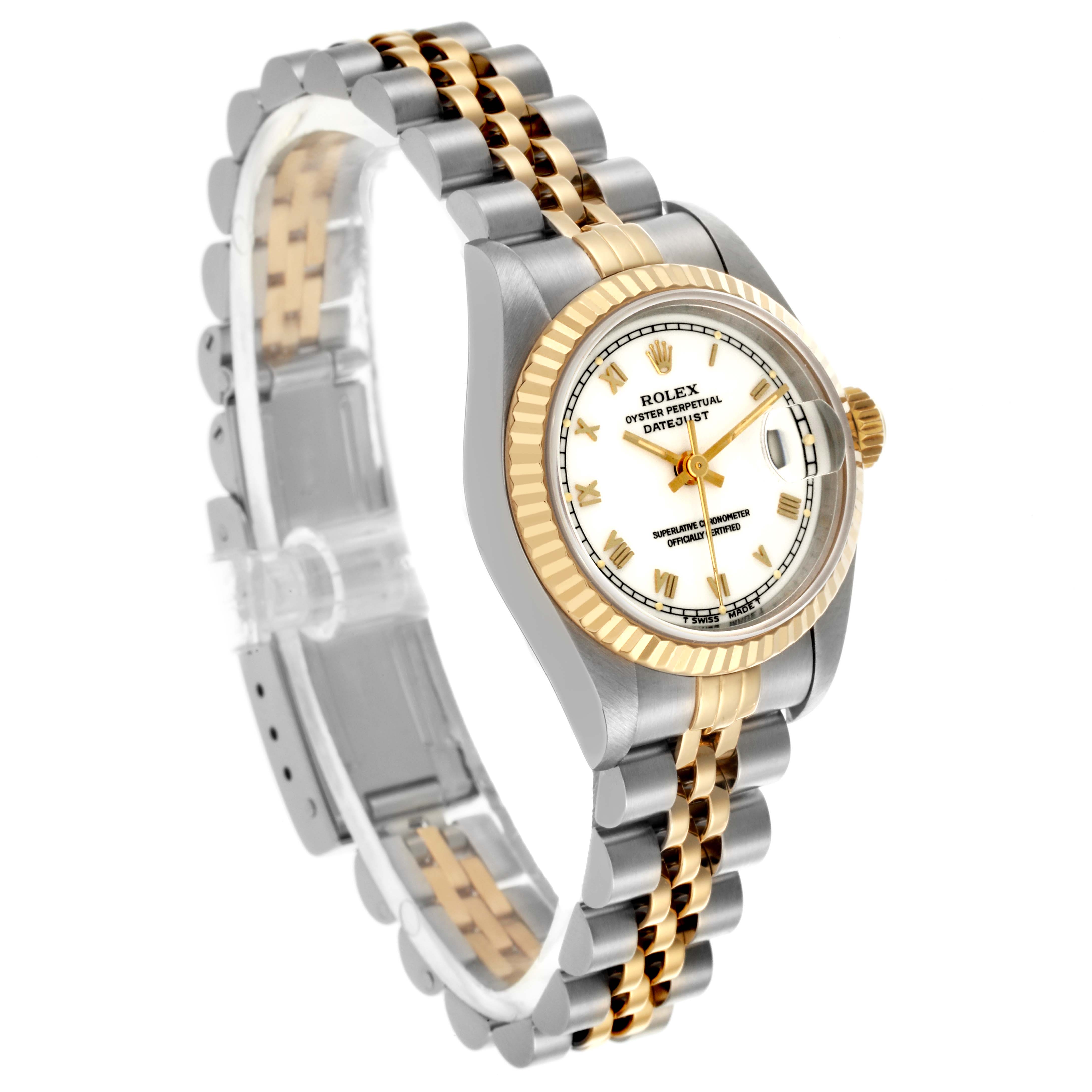 The Rolex Datejust 69173 Women's Steel and Gold (two tone) White Dial 69173 Women's Steel and Gold (two tone) White Dial watch is shown in a three-quarter angle, displaying the dial, bezel, and two-tone bracelet.