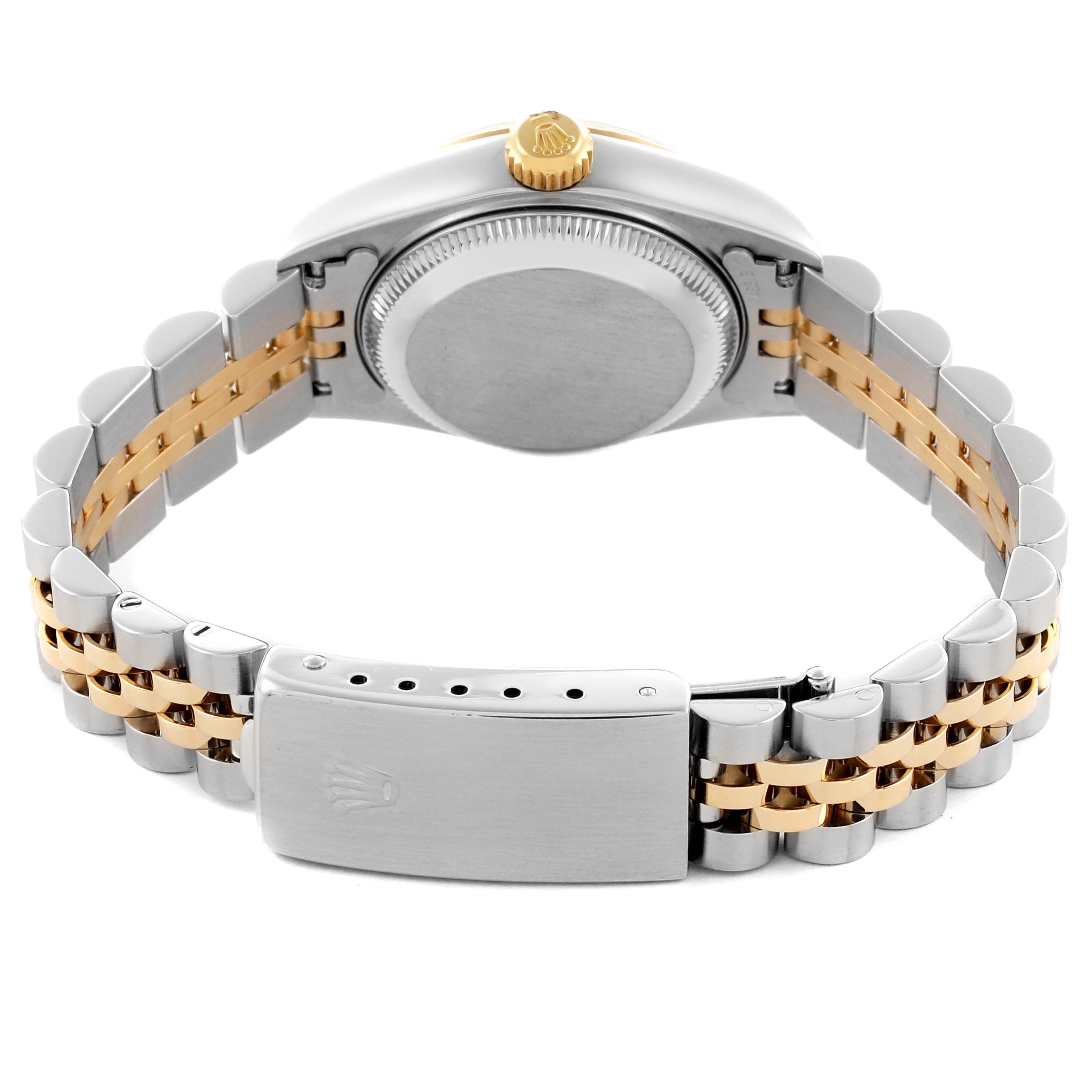 The Rolex Datejust 69173 Women's Steel and Gold (two tone) White Dial 69173 Women's Steel and Gold (two tone) White Dial watch is shown from the back, highlighting the clasp, bracelet, and case back.