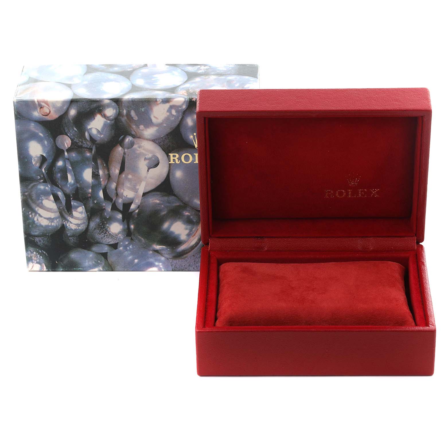 The image shows an open red Rolex Datejust 69173 Women's Steel and Gold (two tone) White Dial 69173 Women's Steel and Gold (two tone) White Dial box and an outer box with pearl design, viewed from the front.