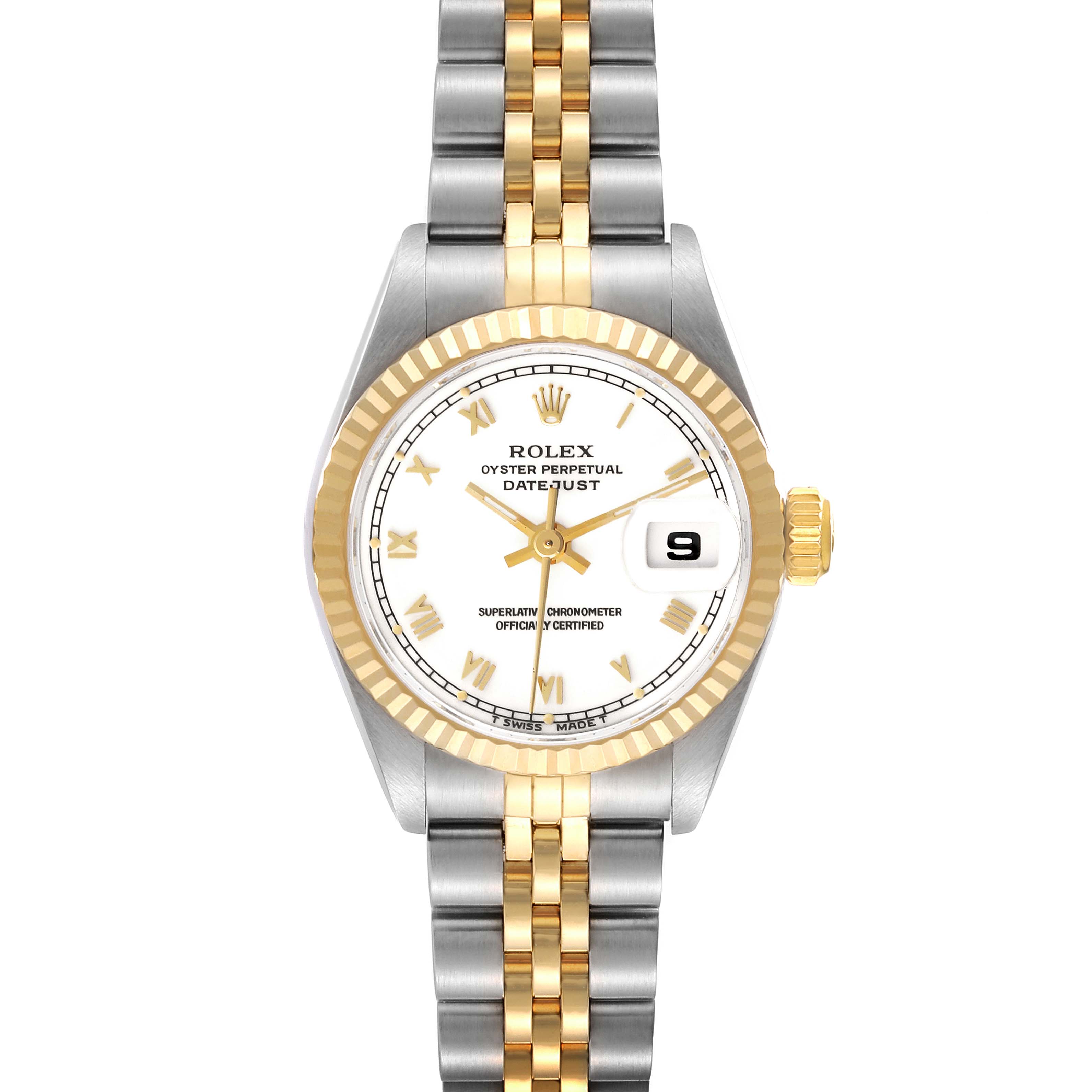 The Rolex Datejust 69173 Women's Steel and Gold (two tone) White Dial 69173 Women's Steel and Gold (two tone) White Dial watch is shown from a top-down angle, highlighting its dial, bezel, and two-tone bracelet.