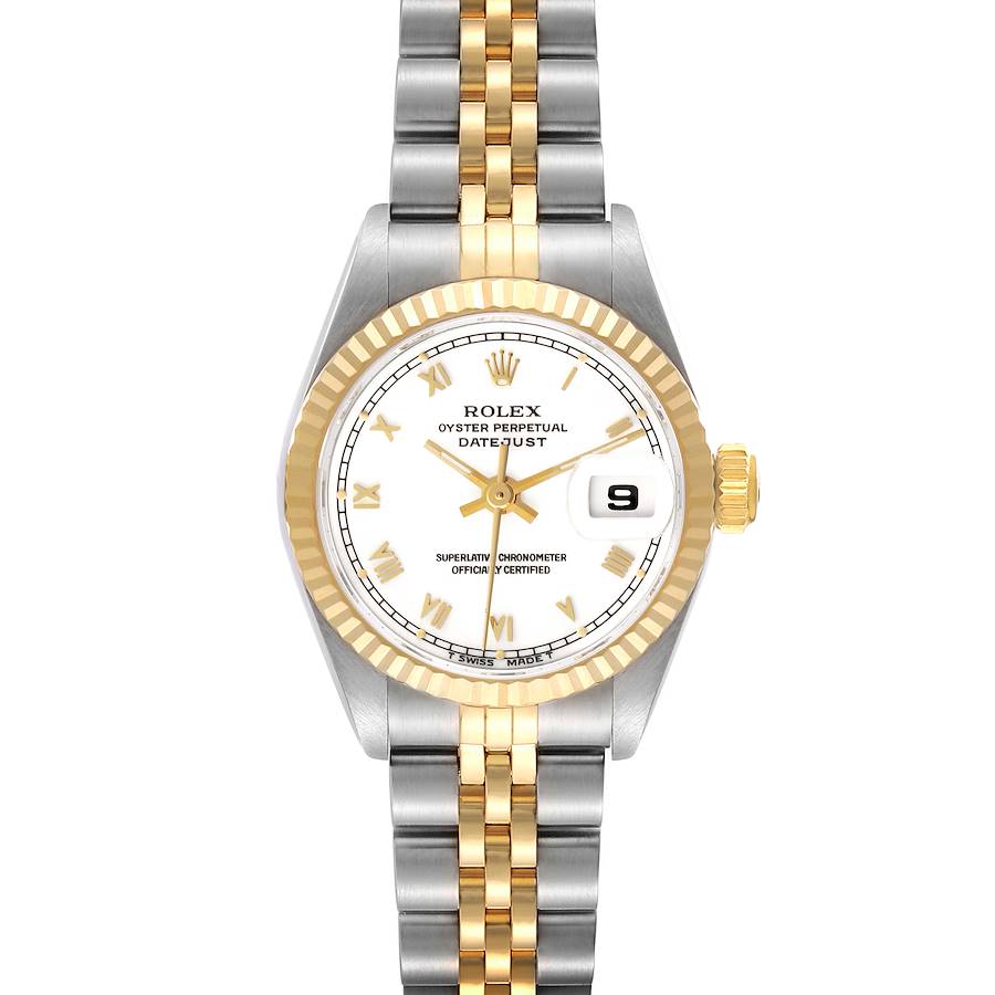 The Rolex Datejust watch is shown from a top-down angle, highlighting its dial, bezel, and two-tone bracelet.