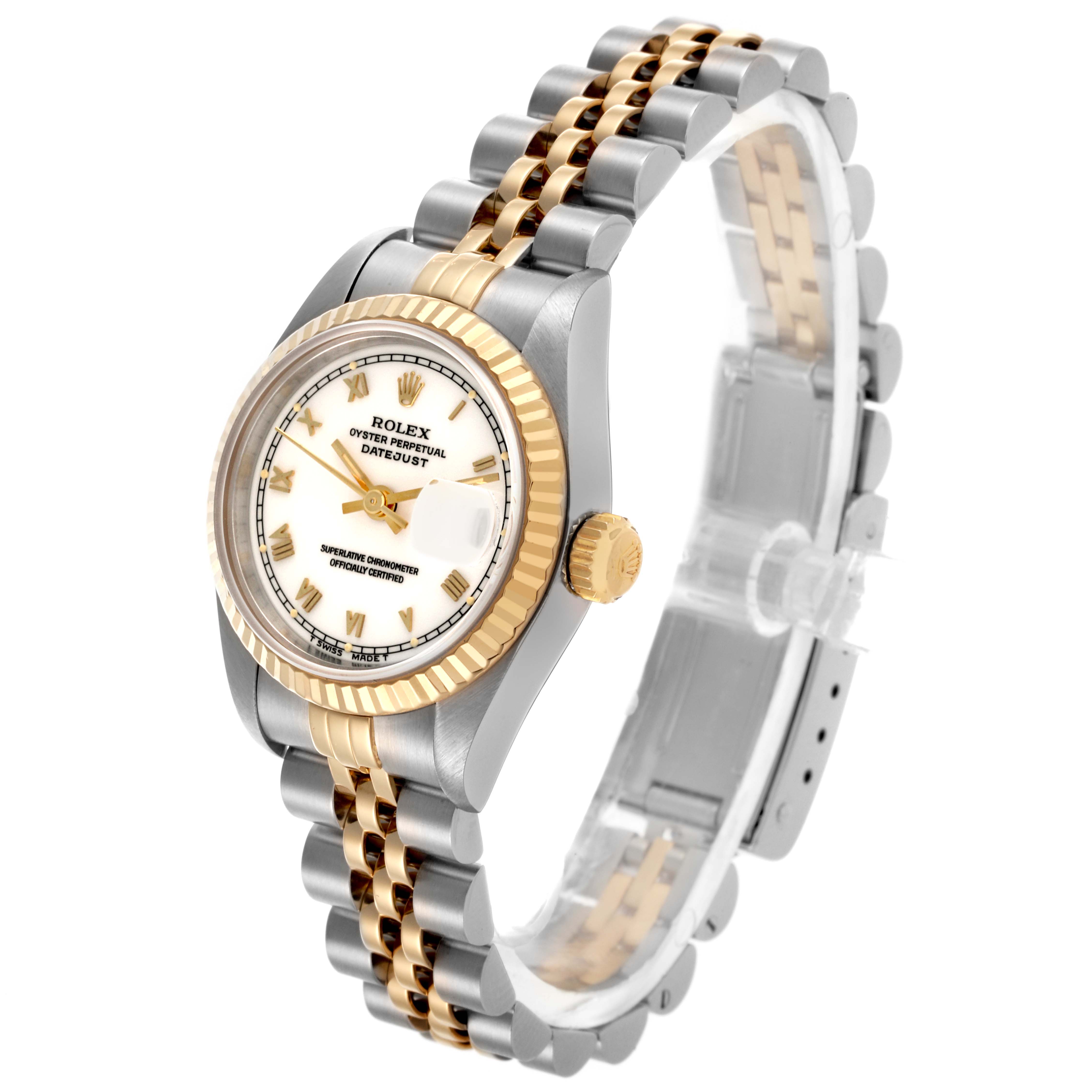 The Rolex Datejust 69173 Women's Steel and Gold (two tone) White Dial 69173 Women's Steel and Gold (two tone) White Dial watch is shown from a three-quarter angle, highlighting the dial, bezel, and bracelet.