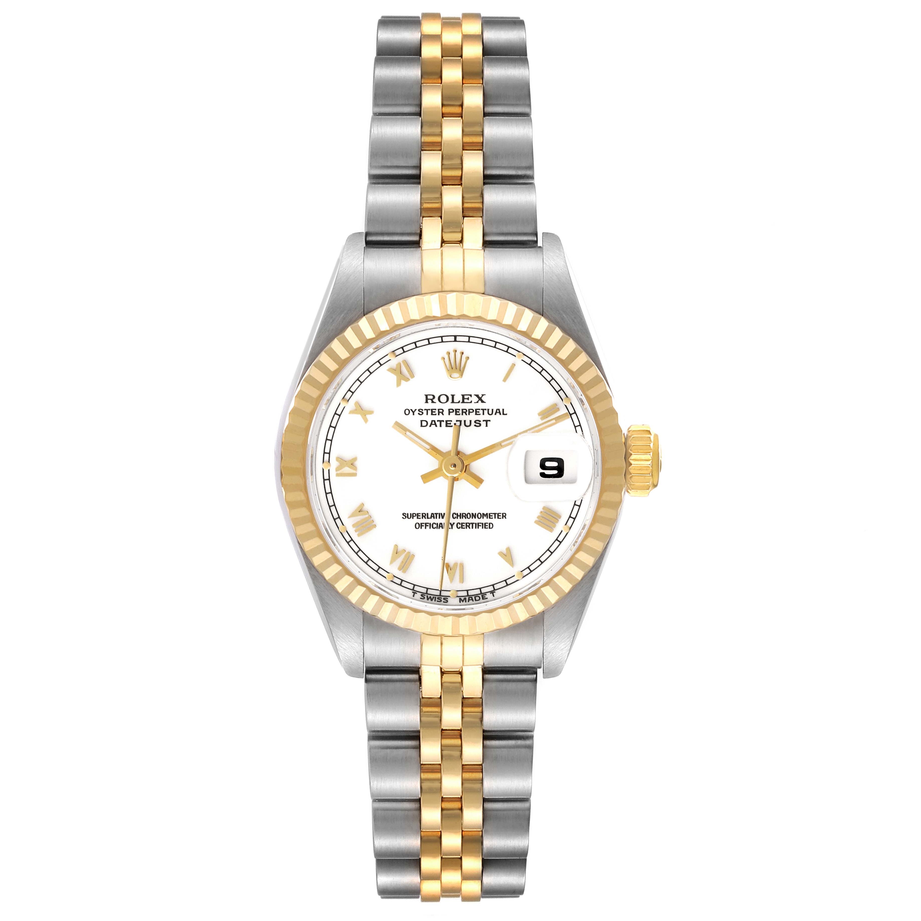 The Rolex Datejust 69173 Women's Steel and Gold (two tone) White Dial 69173 Women's Steel and Gold (two tone) White Dial watch is shown from a top view, displaying the face, bezel, and two-tone bracelet.