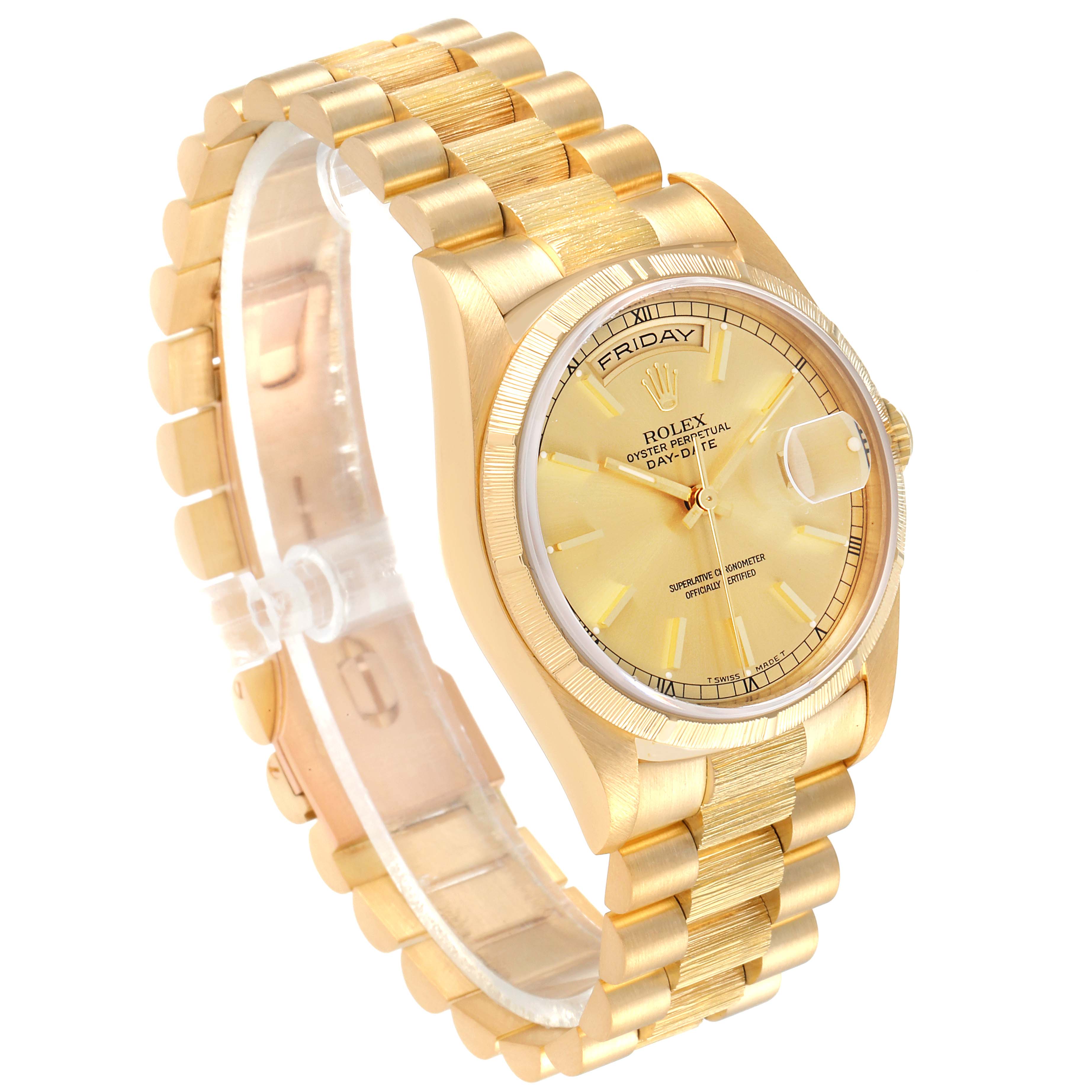 The image shows a Rolex President 18248 Men's Yellow Gold Champagne Dial 18248 Men's Yellow Gold Champagne Dial model watch at a three-quarter angle, highlighting the yellow gold bracelet, case, and dial.