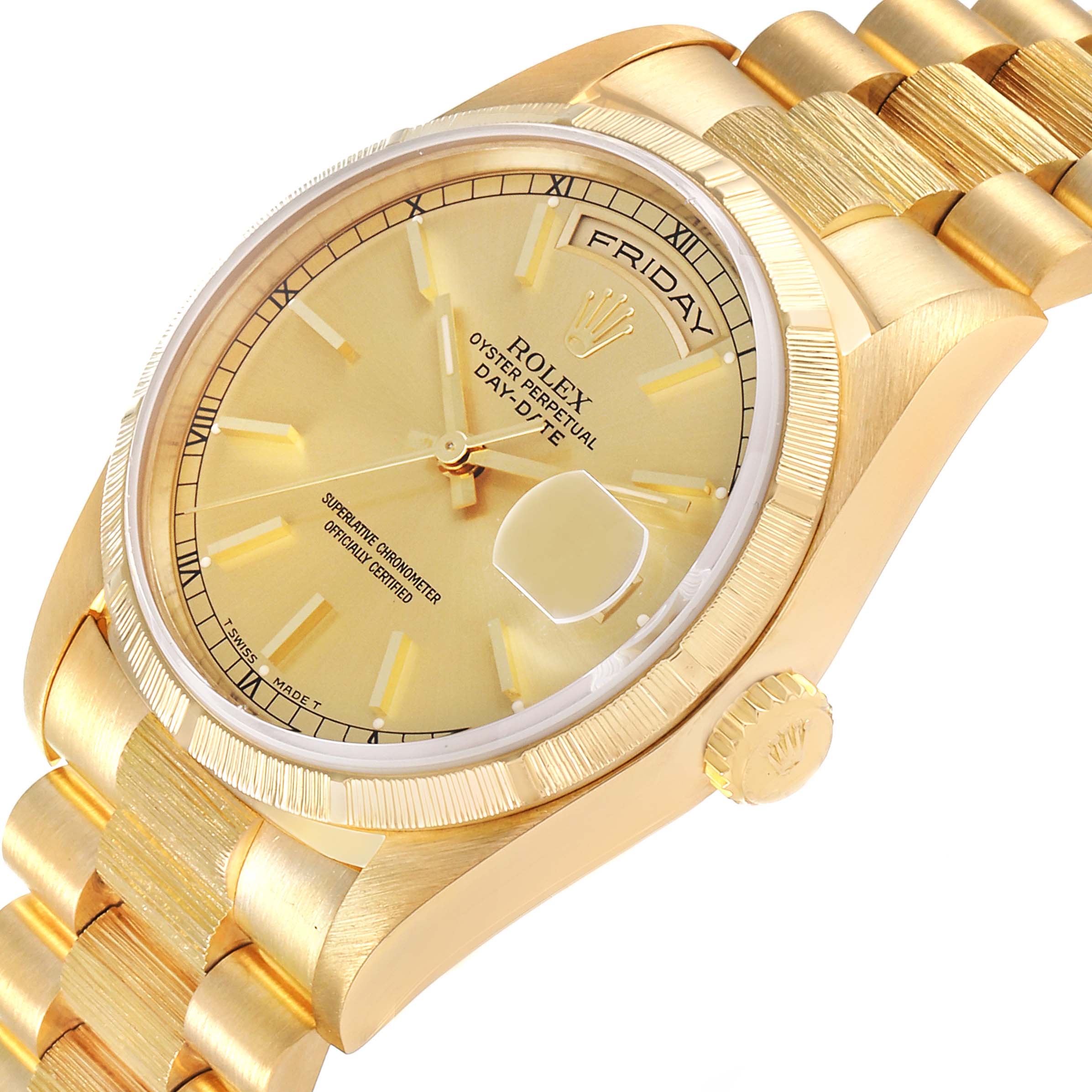 The image shows a Rolex President 18248 Men's Yellow Gold Champagne Dial 18248 Men's Yellow Gold Champagne Dial model watch at an angled view, highlighting the dial, bezel, crown, and bracelet.