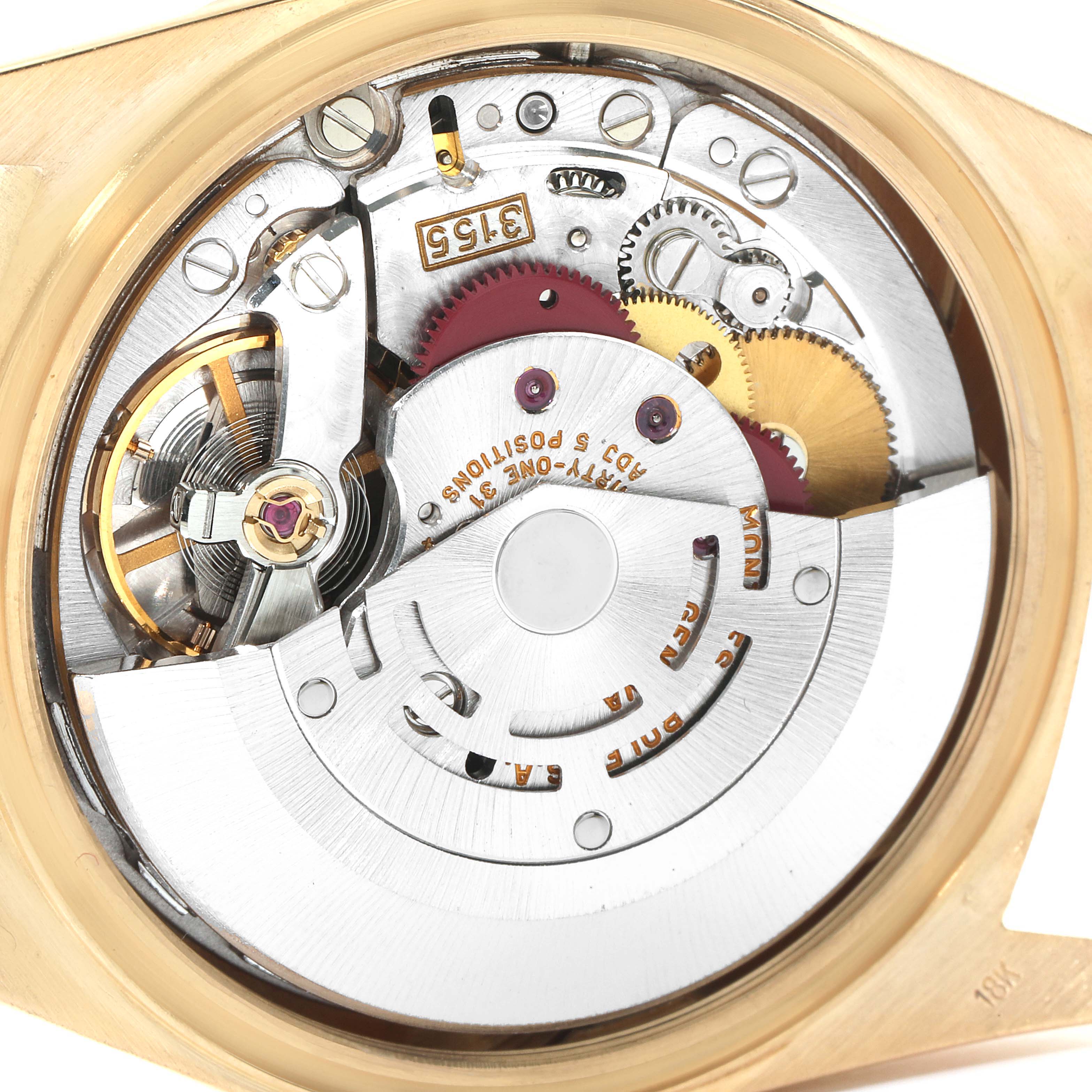 The image shows the inner mechanical movement components of a Rolex President 18248 Men's Yellow Gold Champagne Dial 18248 Men's Yellow Gold Champagne Dial model watch from a top-down angle.