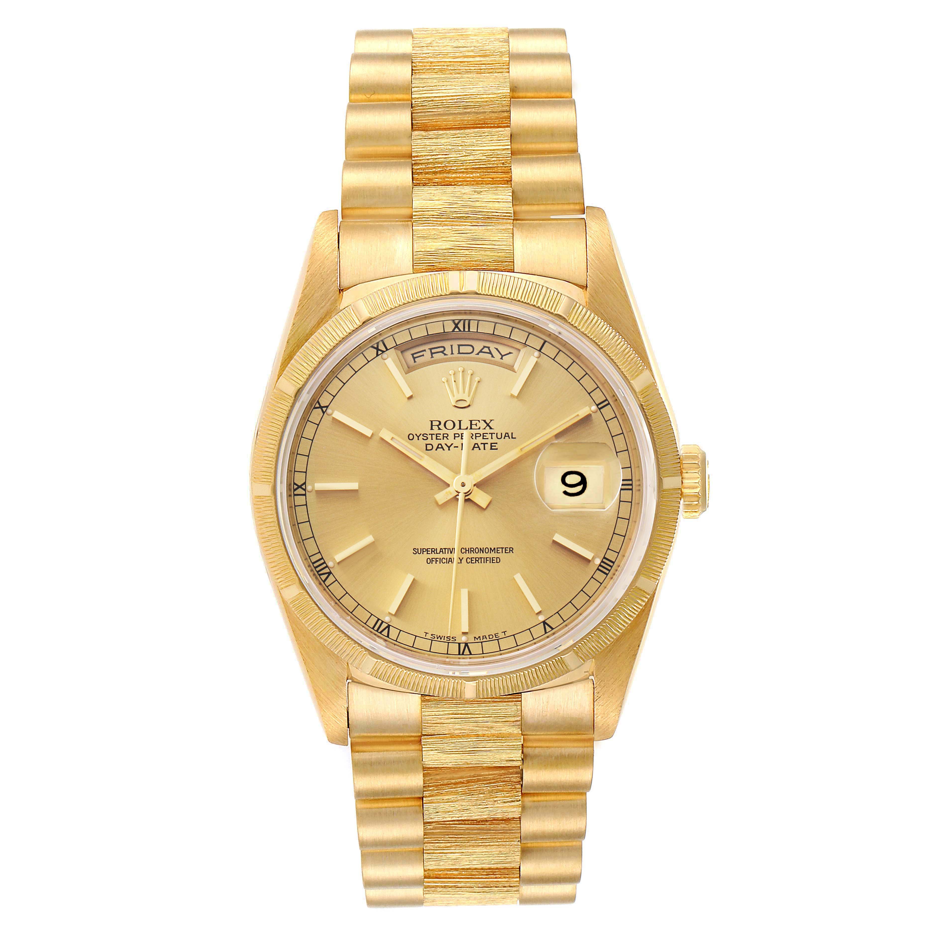 The image shows a Rolex President 18248 Men's Yellow Gold Champagne Dial 18248 Men's Yellow Gold Champagne Dial model watch, featuring its gold bracelet, dial, and day-date display, from a frontal angle.