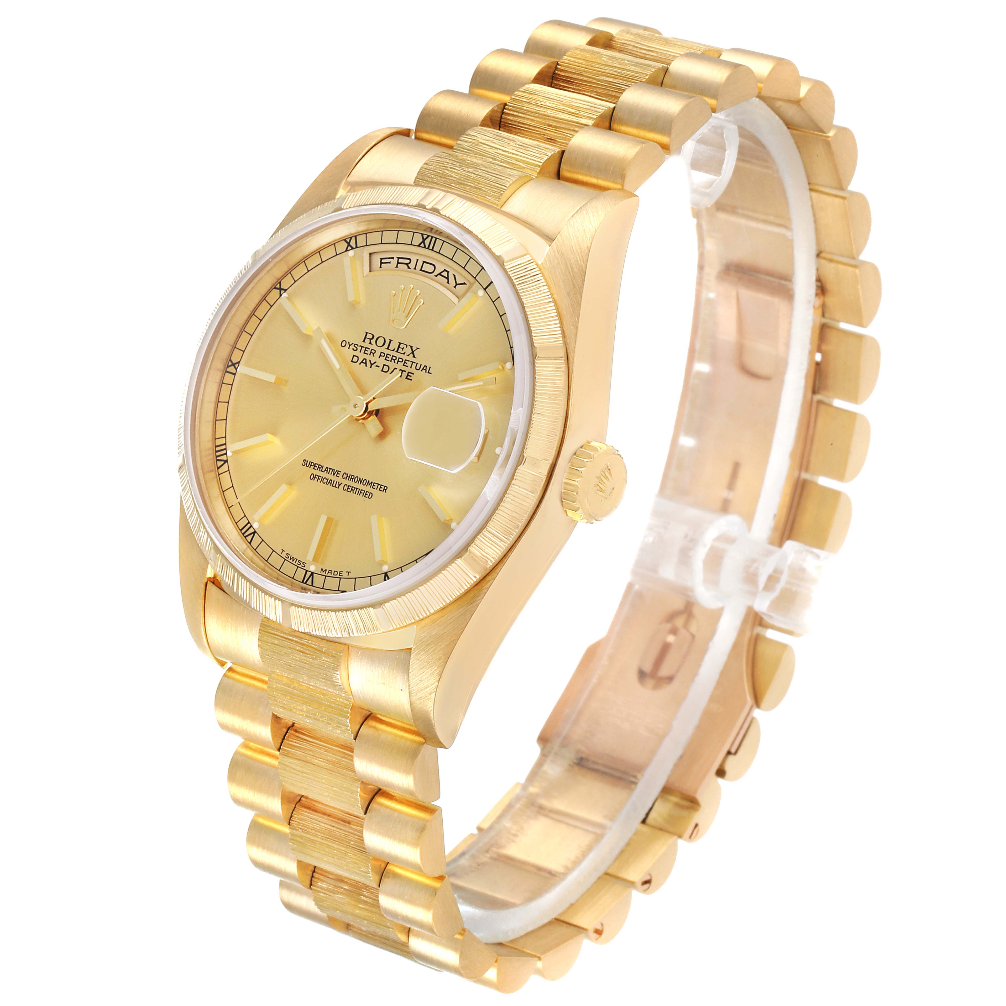 The image shows a gold Rolex President 18248 Men's Yellow Gold Champagne Dial 18248 Men's Yellow Gold Champagne Dial model watch, angled to display the face, bezel, crown, and band.