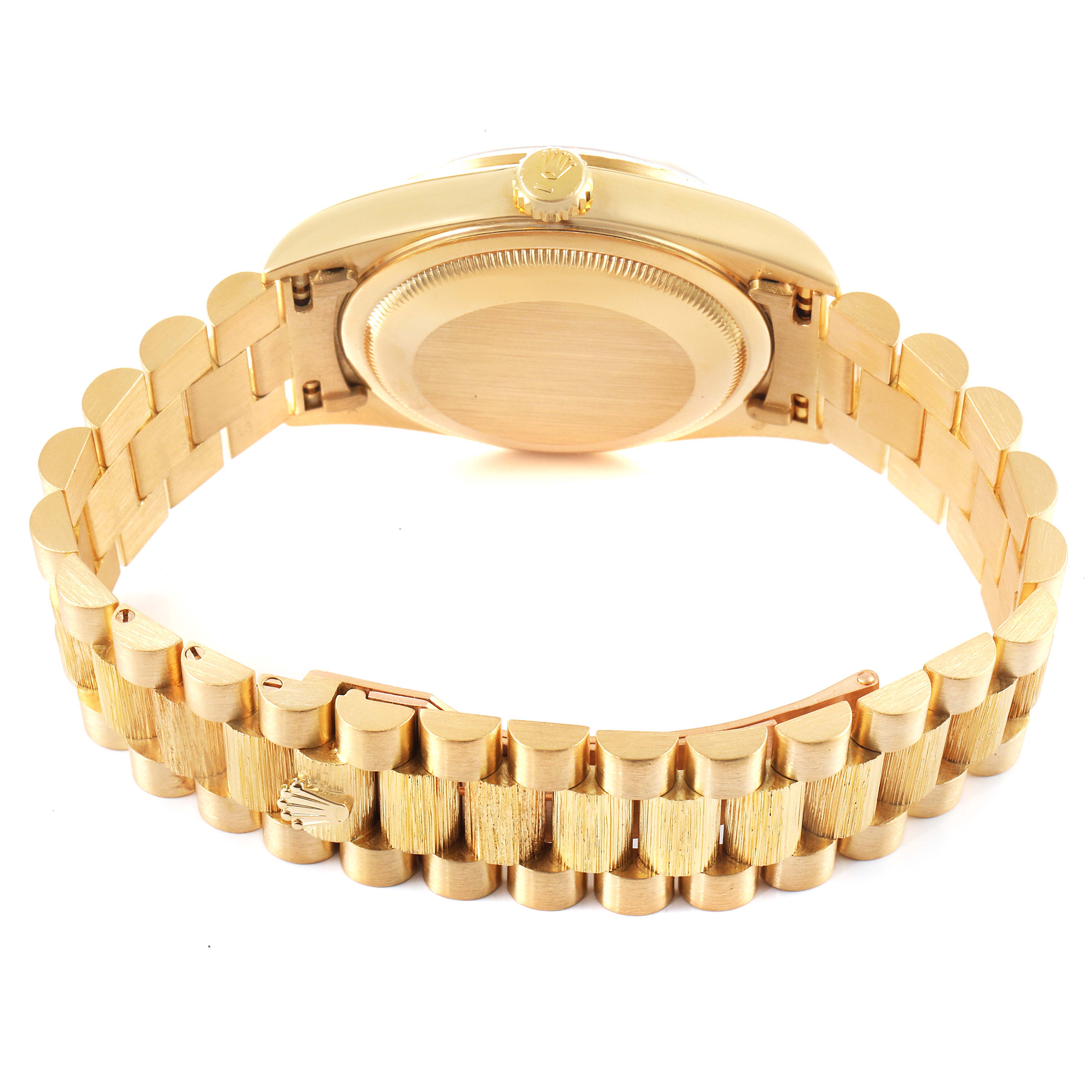 The image shows the back and bracelet of a Rolex President 18248 Men's Yellow Gold Champagne Dial 18248 Men's Yellow Gold Champagne Dial model watch, highlighting its gold finish and clasp.
