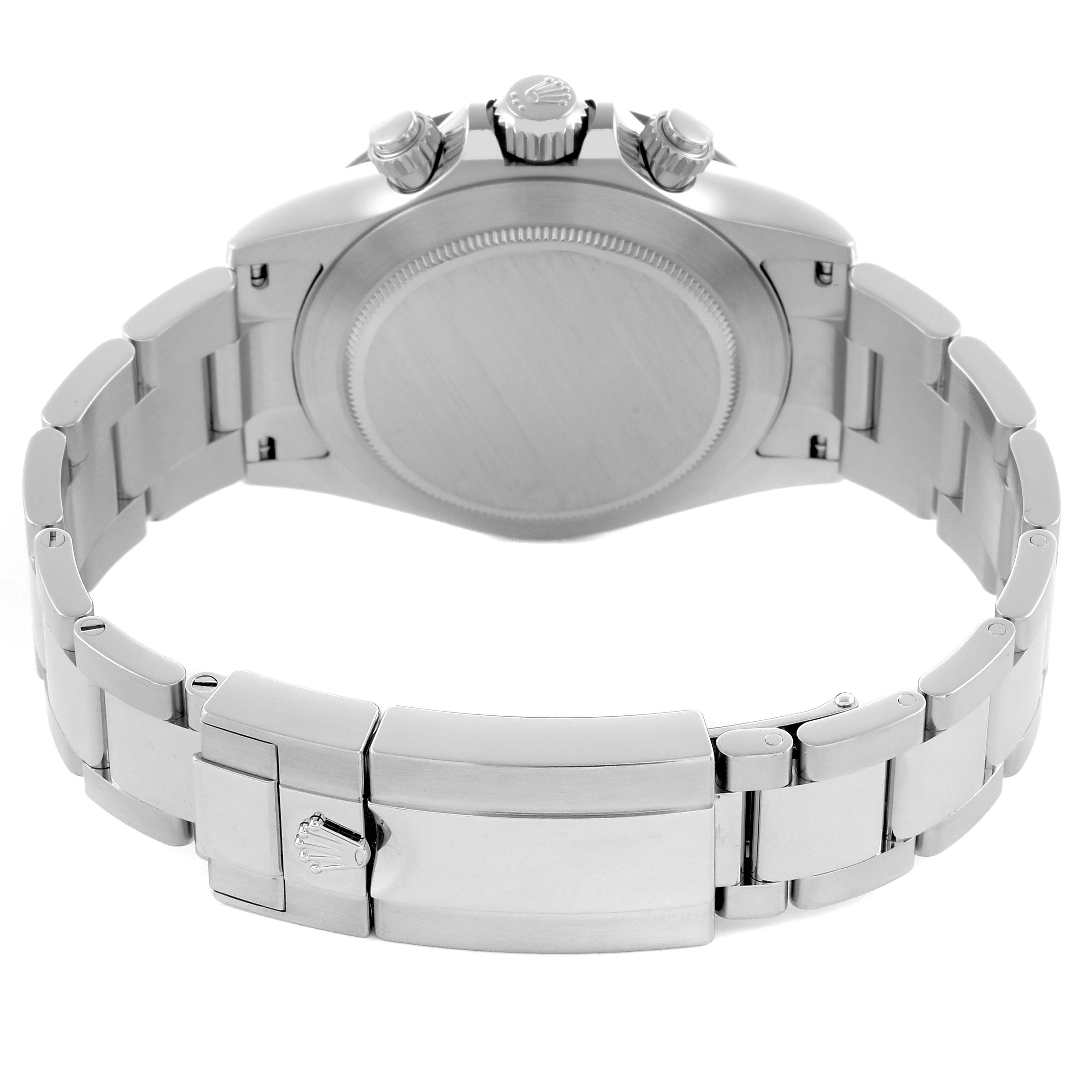 The image shows the back of a Rolex Daytona 116500LN Men's Stainless Steel Black Dial 116500LN Men's Stainless Steel Black Dial watch, displaying the case back and bracelet clasp.