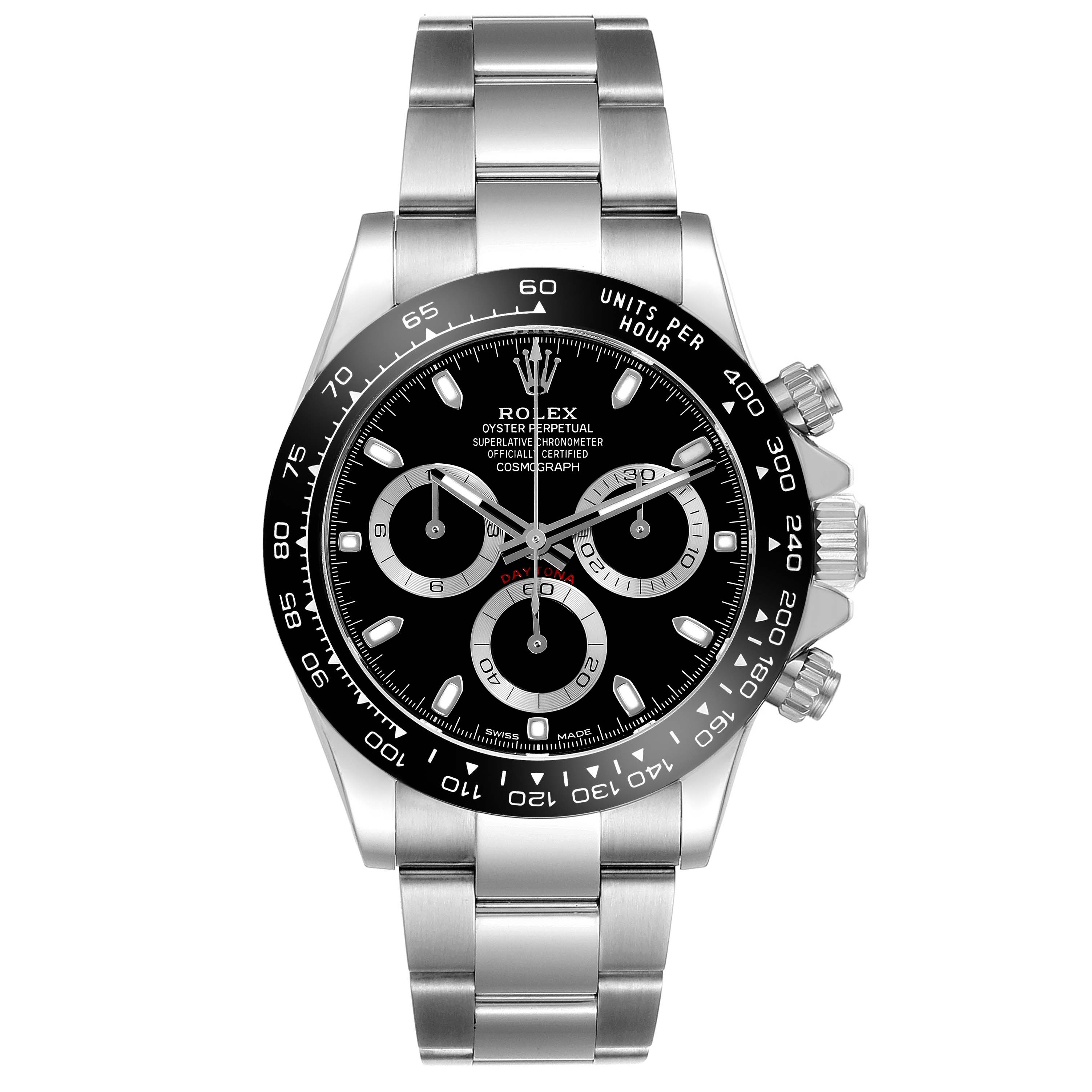 The image shows a frontal view of the Rolex Daytona 116500LN Men's Stainless Steel Black Dial 116500LN Men's Stainless Steel Black Dial watch, highlighting the dial, bezel, band, and crown.