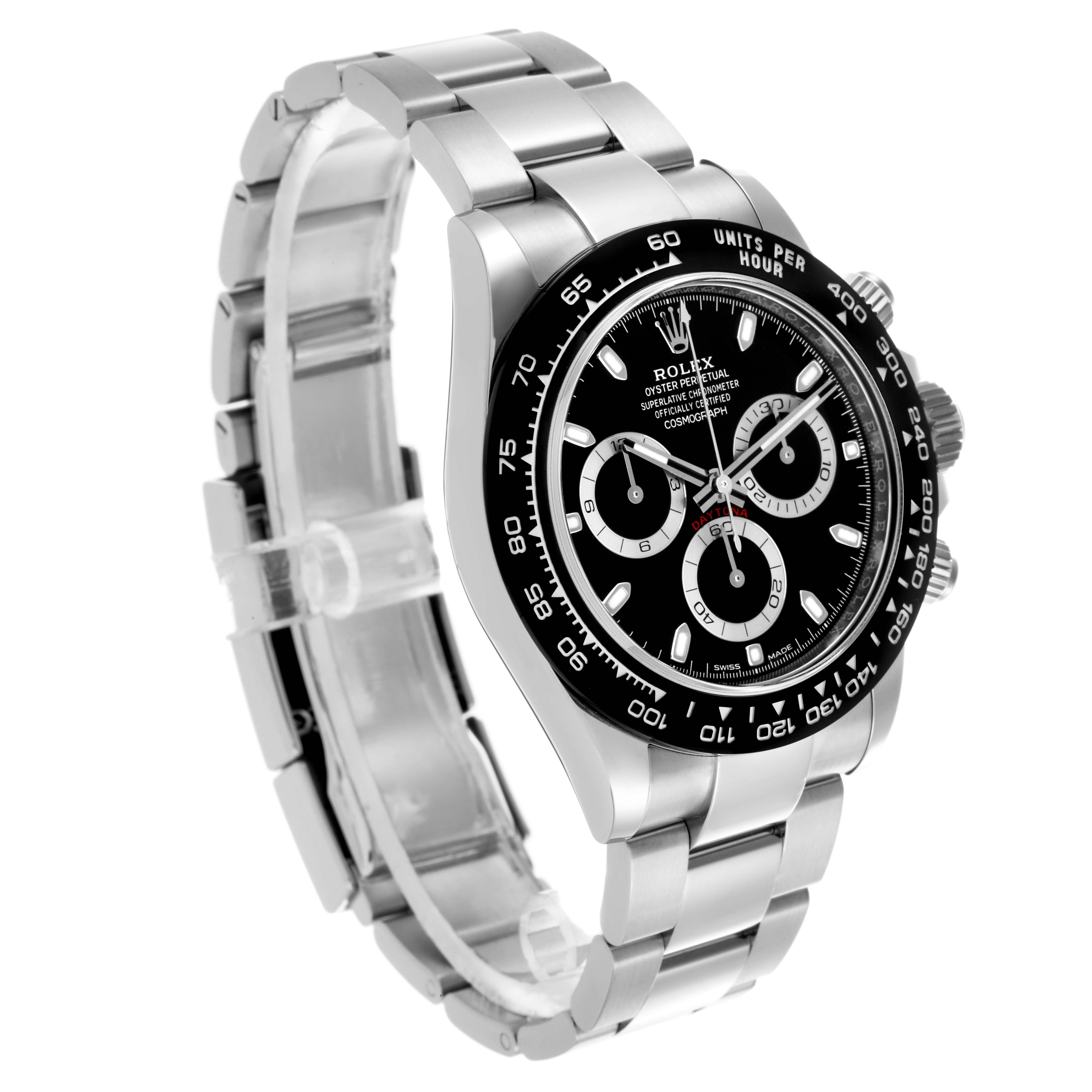 The Rolex Daytona 116500LN Men's Stainless Steel Black Dial 116500LN Men's Stainless Steel Black Dial watch is shown at a three-quarter angle, displaying the face, bezel, and bracelet prominently.