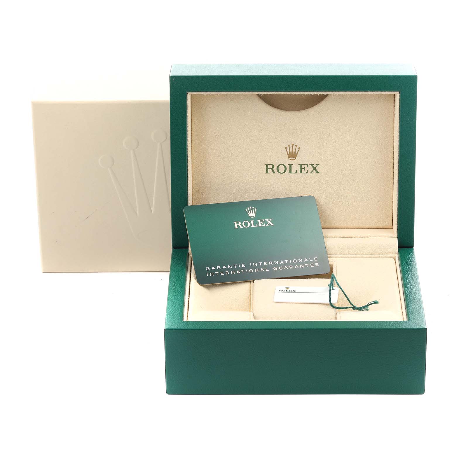 The image shows the open box and guarantee card for a Rolex Daytona 116500LN Men's Stainless Steel Black Dial 116500LN Men's Stainless Steel Black Dial watch, viewed from the front.