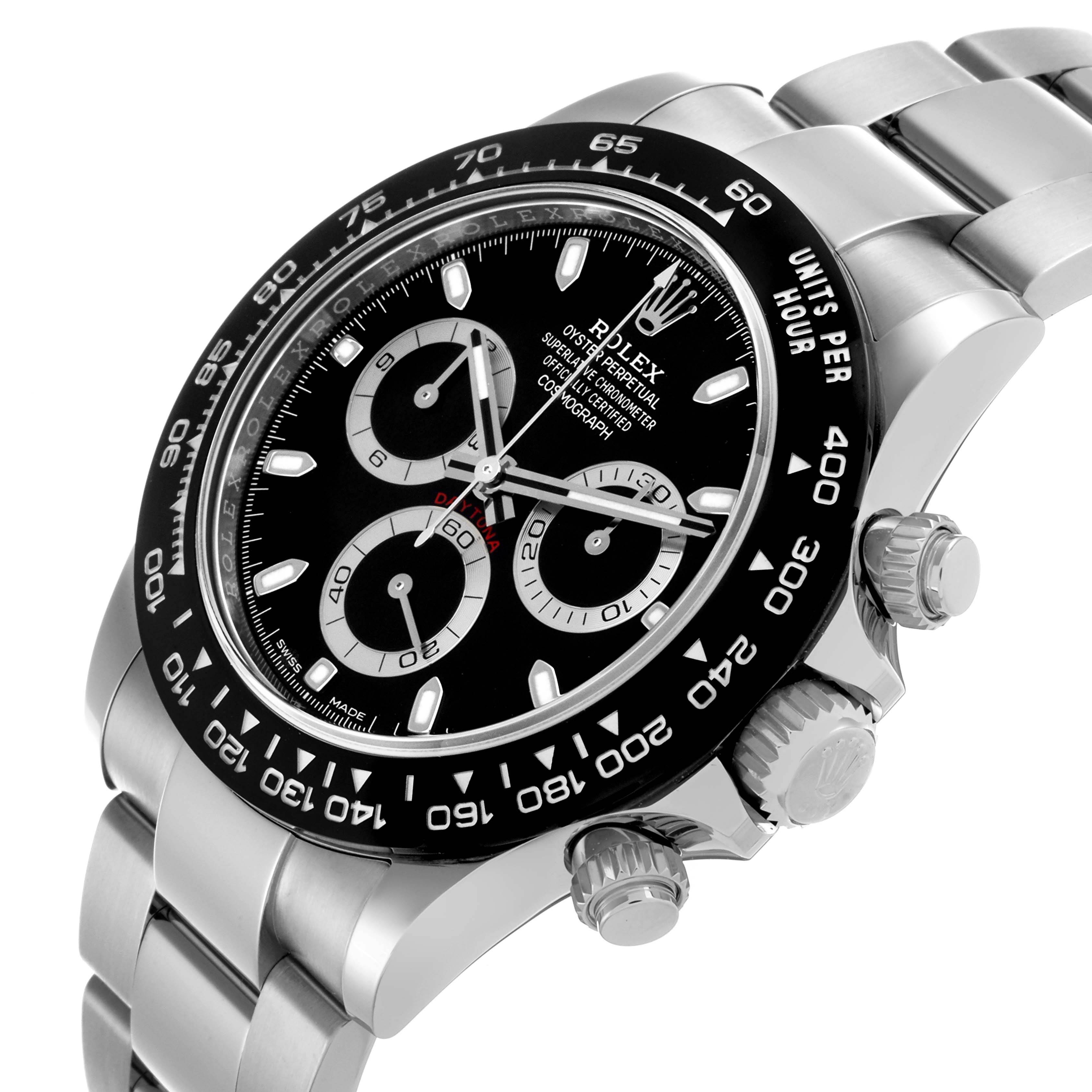 The Rolex Daytona 116500LN Men's Stainless Steel Black Dial 116500LN Men's Stainless Steel Black Dial watch is shown at an angle highlighting the face, bezel, and side buttons.