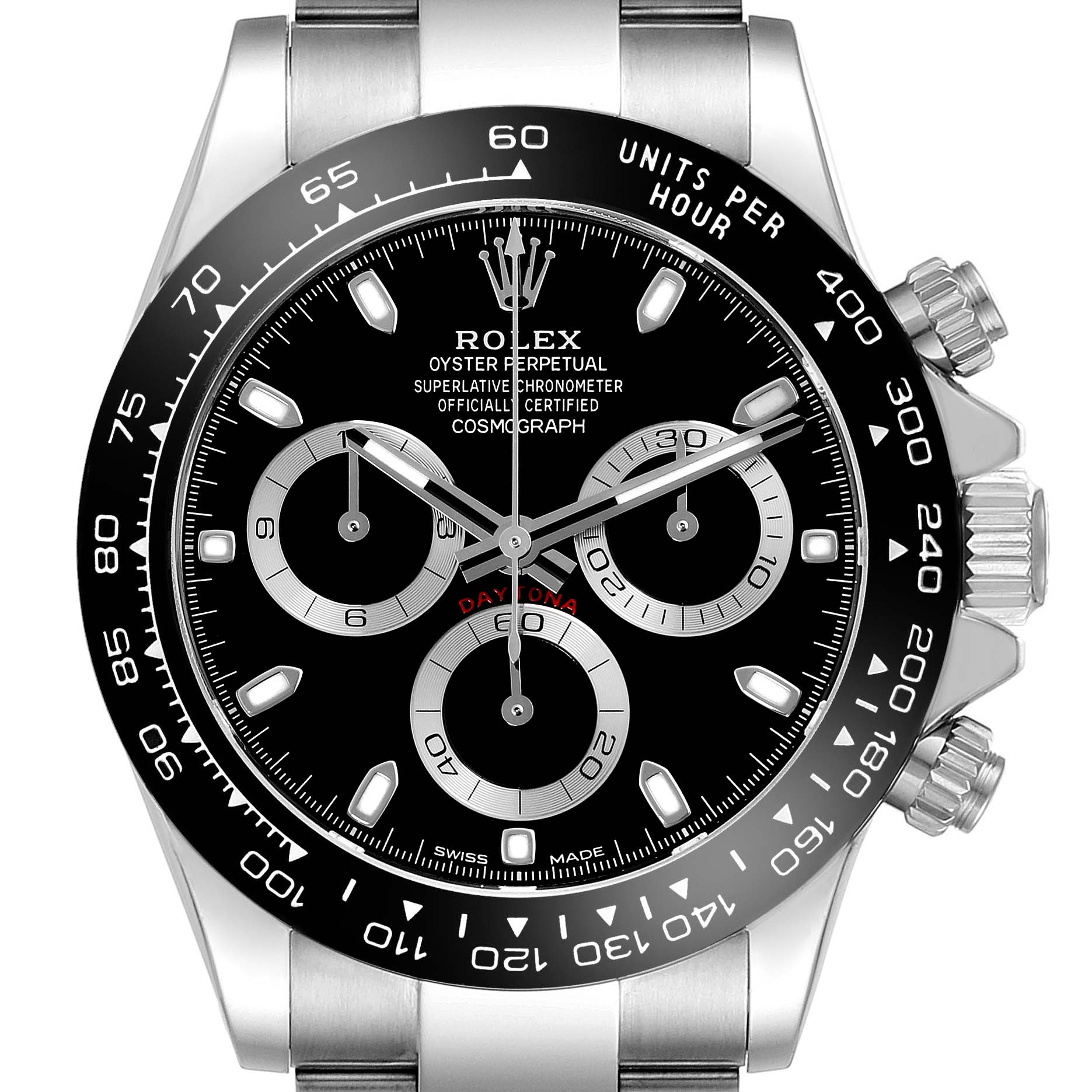 The image shows a frontal close-up of a Rolex Daytona 116500LN Men's Stainless Steel Black Dial 116500LN Men's Stainless Steel Black Dial watch, highlighting its black dial and side buttons.