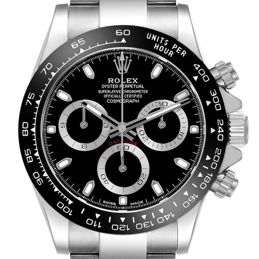 The image shows a frontal close-up of a Rolex Daytona watch, highlighting its black dial and side buttons.