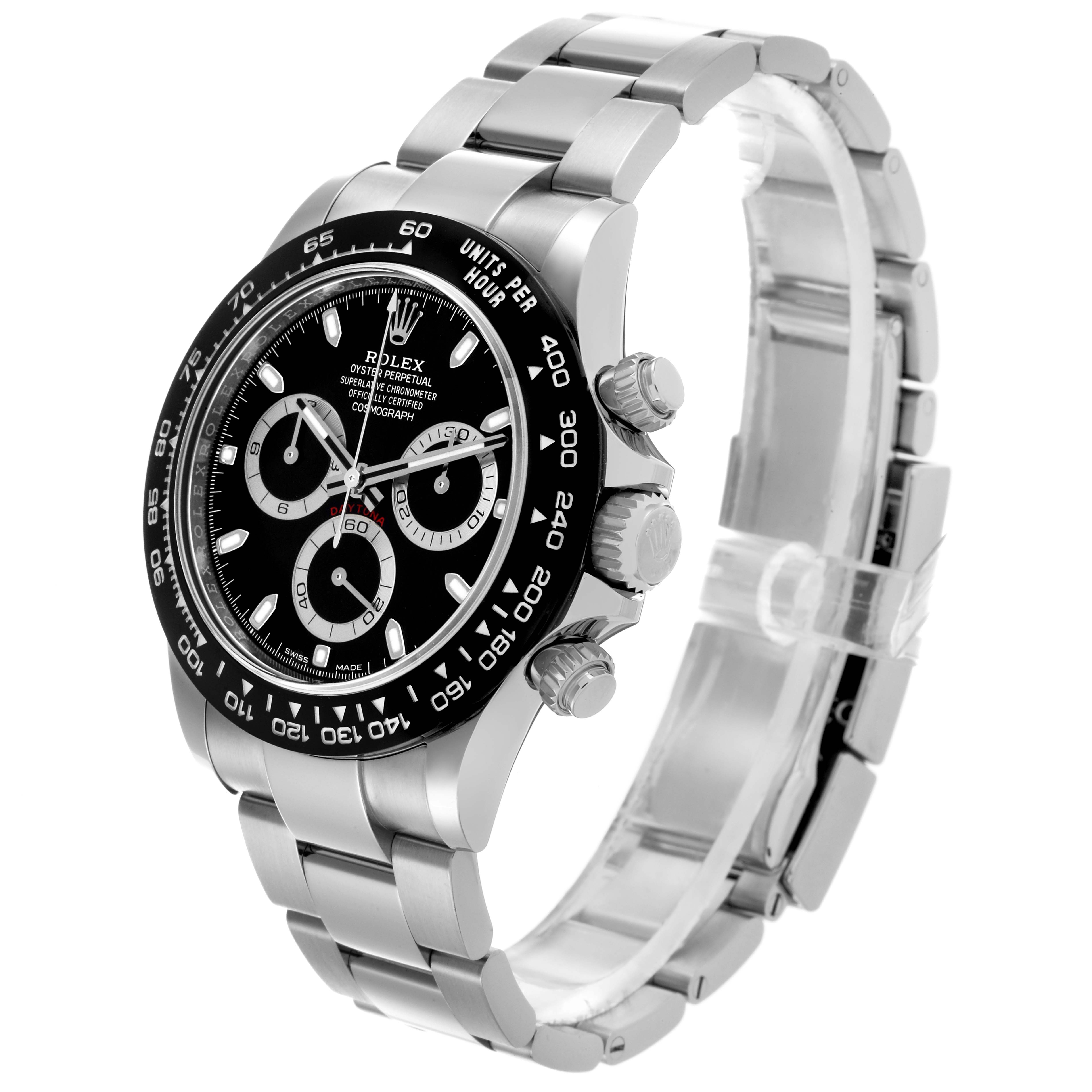 The Rolex Daytona 116500LN Men's Stainless Steel Black Dial 116500LN Men's Stainless Steel Black Dial is shown from a three-quarter angle, displaying the watch face, bezel, side pushers, and bracelet.