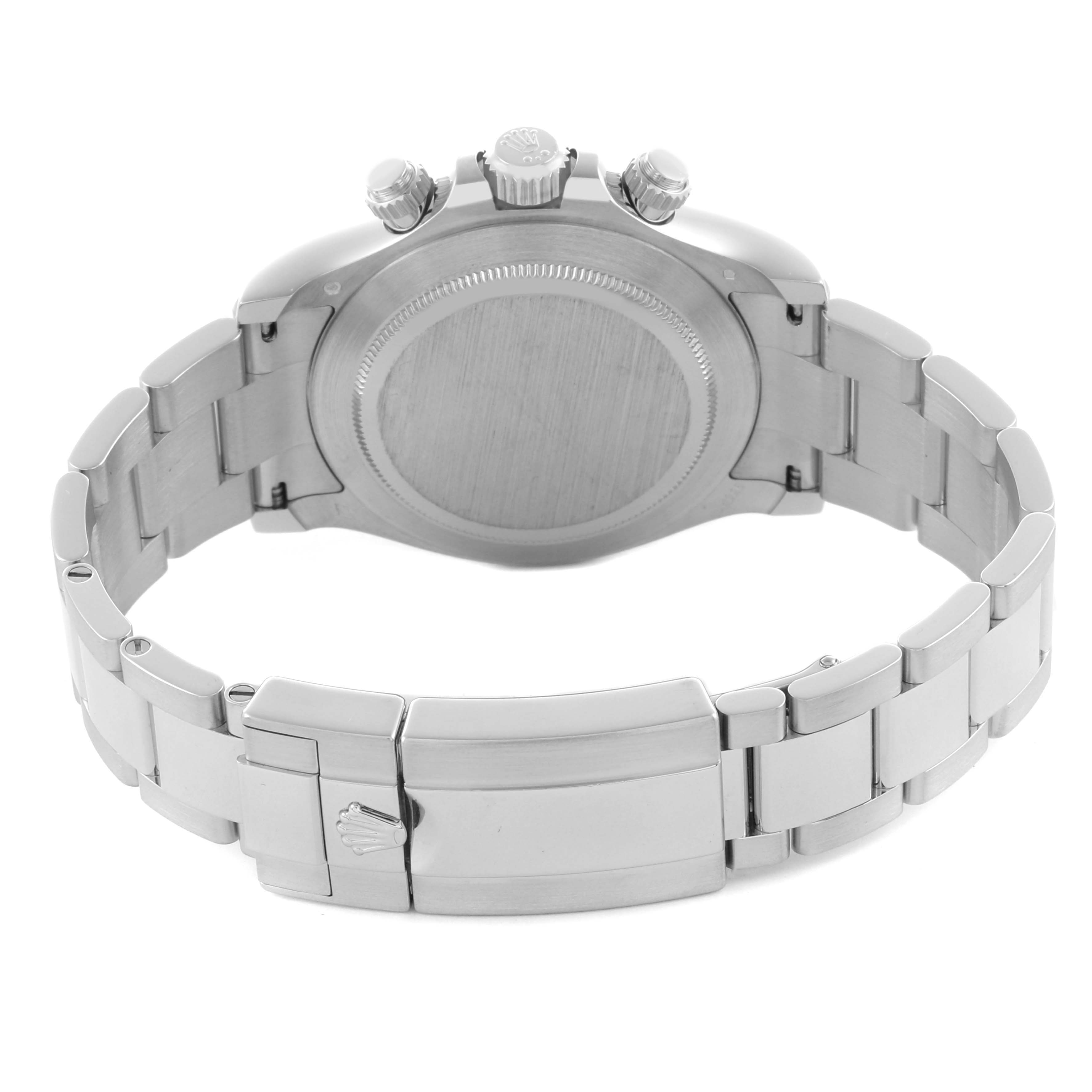 The image shows the back and side profile of a Rolex Daytona 116506 Men's Platinum Blue Dial 116506 Men's Platinum Blue Dial watch, highlighting the bracelet and clasp.