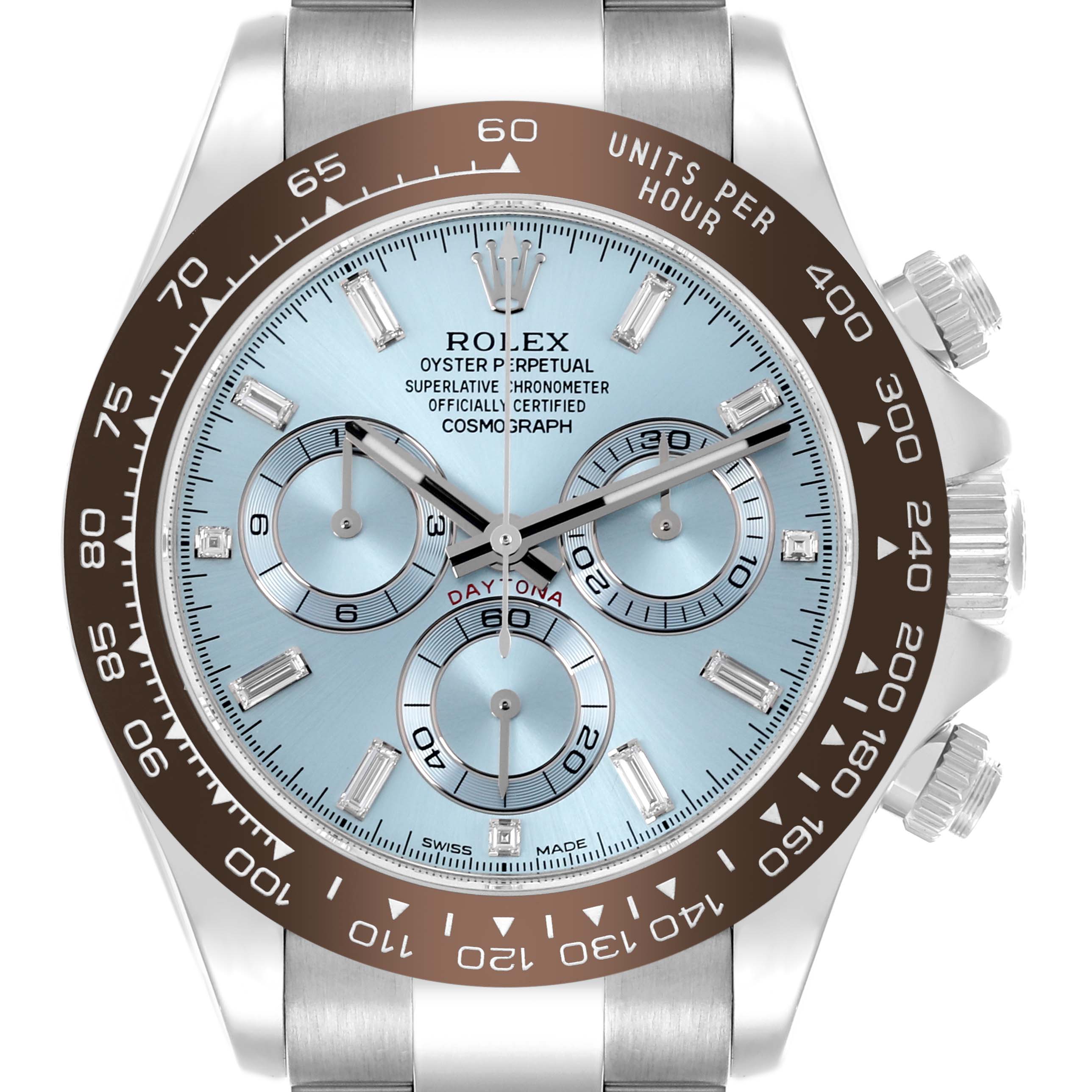 The Rolex Daytona 116506 Men's Platinum Blue Dial 116506 Men's Platinum Blue Dial is shown from the front, highlighting its face, bezel, chronograph subdials, and bracelet.