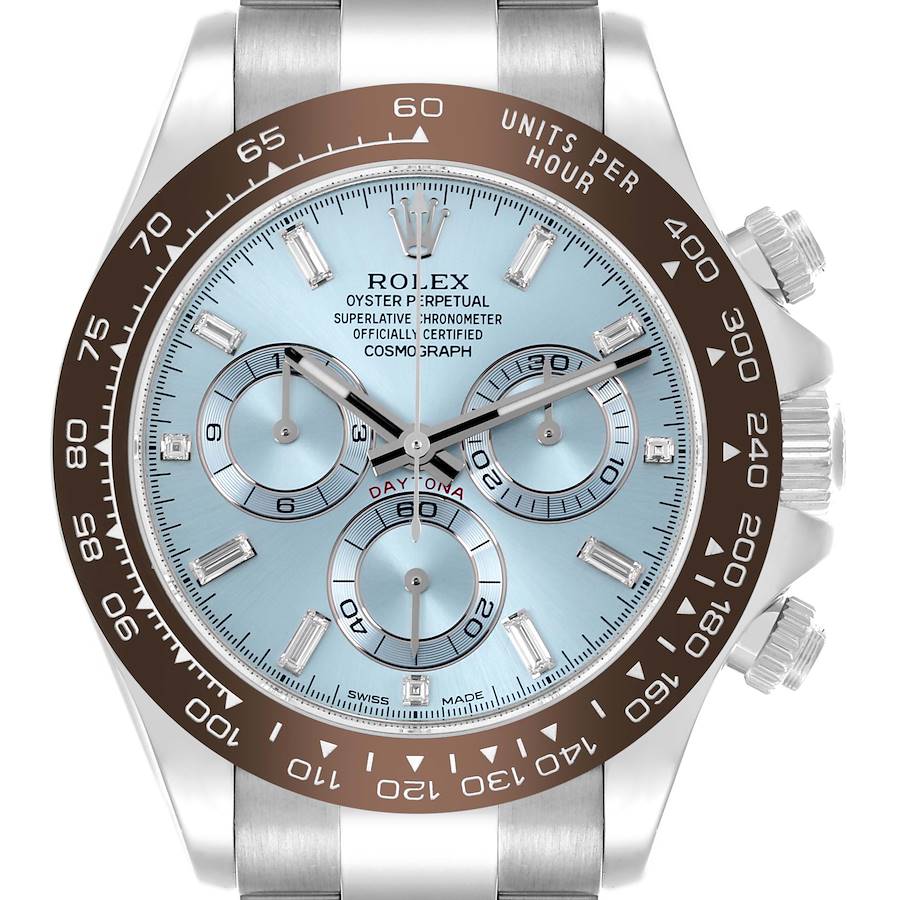 The Rolex Daytona is shown from the front, highlighting its face, bezel, chronograph subdials, and bracelet.