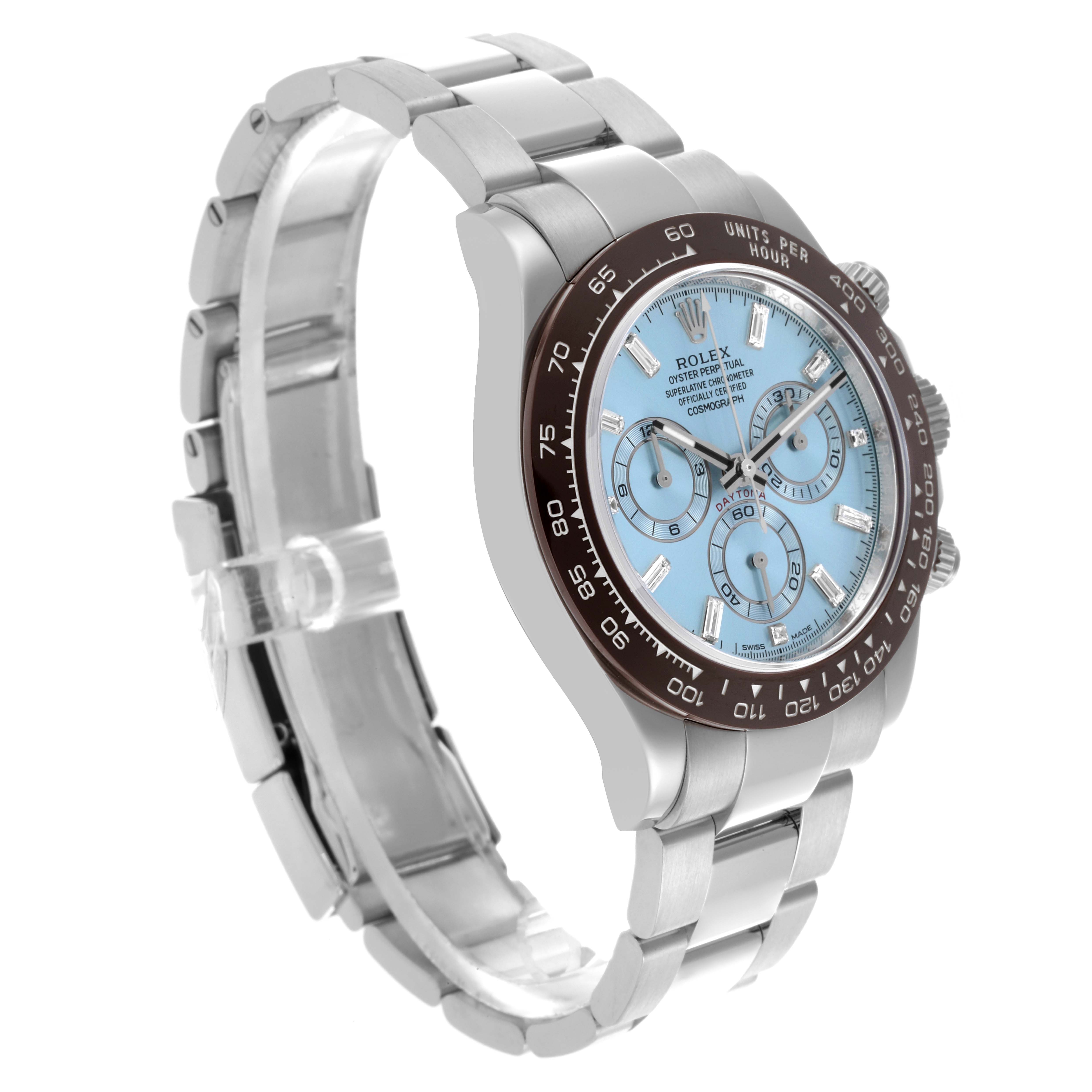The Rolex Daytona 116506 Men's Platinum Blue Dial 116506 Men's Platinum Blue Dial watch is shown at a three-quarter angle, displaying the face, bezel, and bracelet prominently.