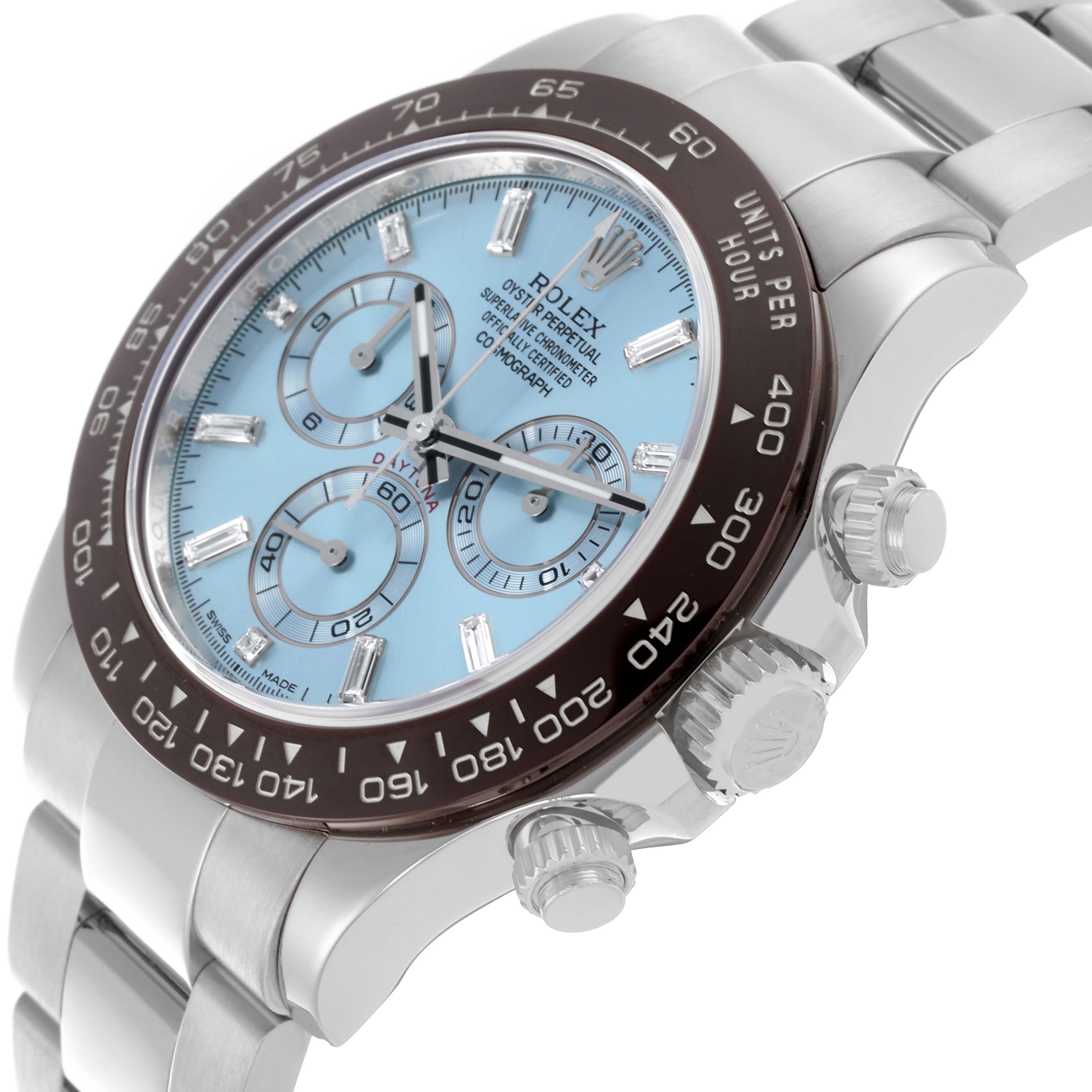 The Rolex Daytona 116506 Men's Platinum Blue Dial 116506 Men's Platinum Blue Dial watch is shown at an angled side view, highlighting the bezel, face, crown, and part of the bracelet.
