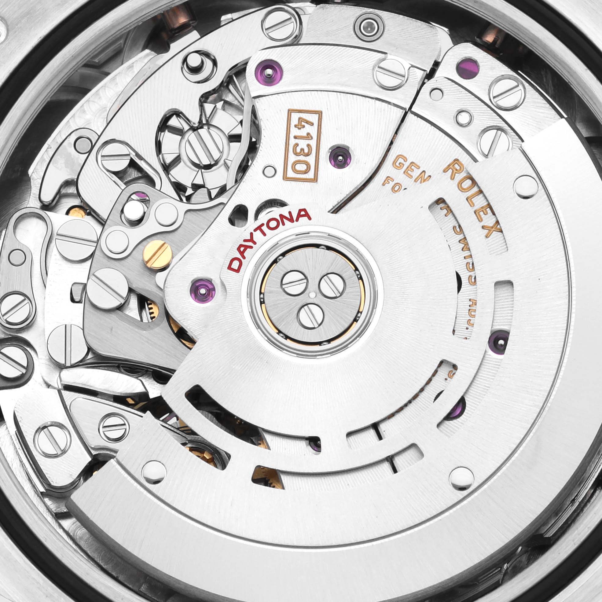 The image shows the intricate movement components of a Rolex Daytona 116506 Men's Platinum Blue Dial 116506 Men's Platinum Blue Dial watch from the back.