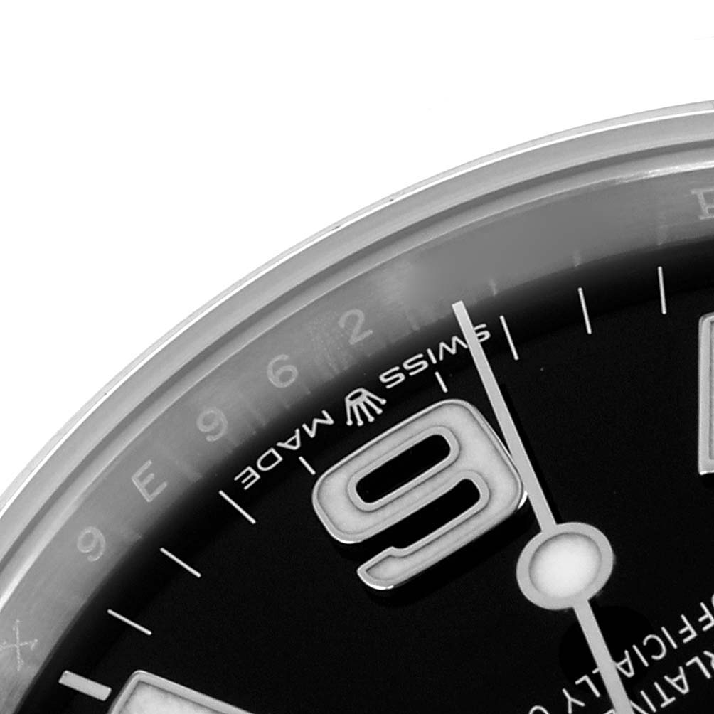 The image shows a close-up of the dial of a Rolex Explorer 224270 Men
s Stainless Steel Black Dial 224270 Men
s Stainless Steel Black Dial, highlighting the "9," "SWISS MADE," and markers.