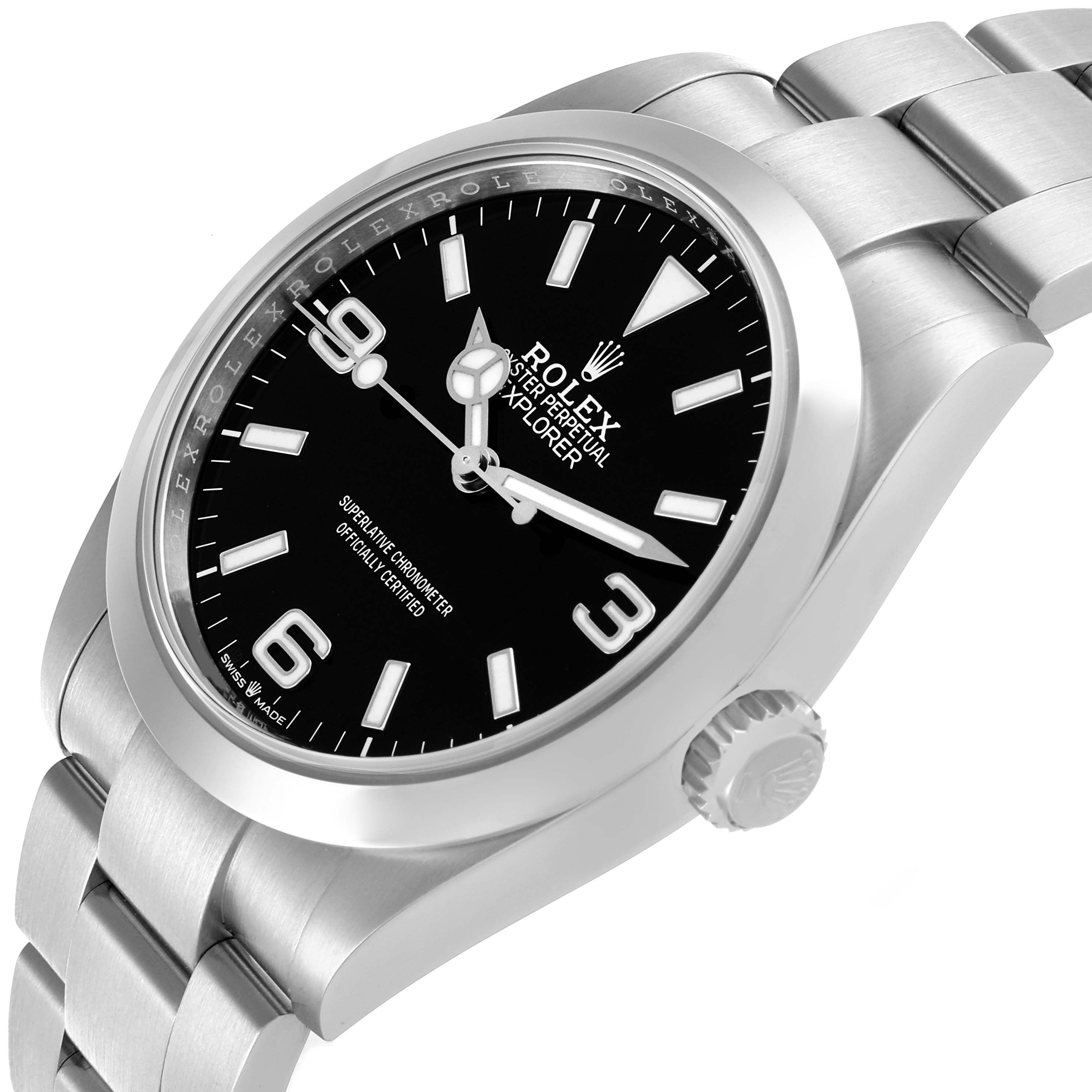 The image shows the Rolex Explorer 224270 Men
s Stainless Steel Black Dial 224270 Men
s Stainless Steel Black Dial watch at a slight side angle, highlighting the black dial, hour markers, crown, and bracelet.