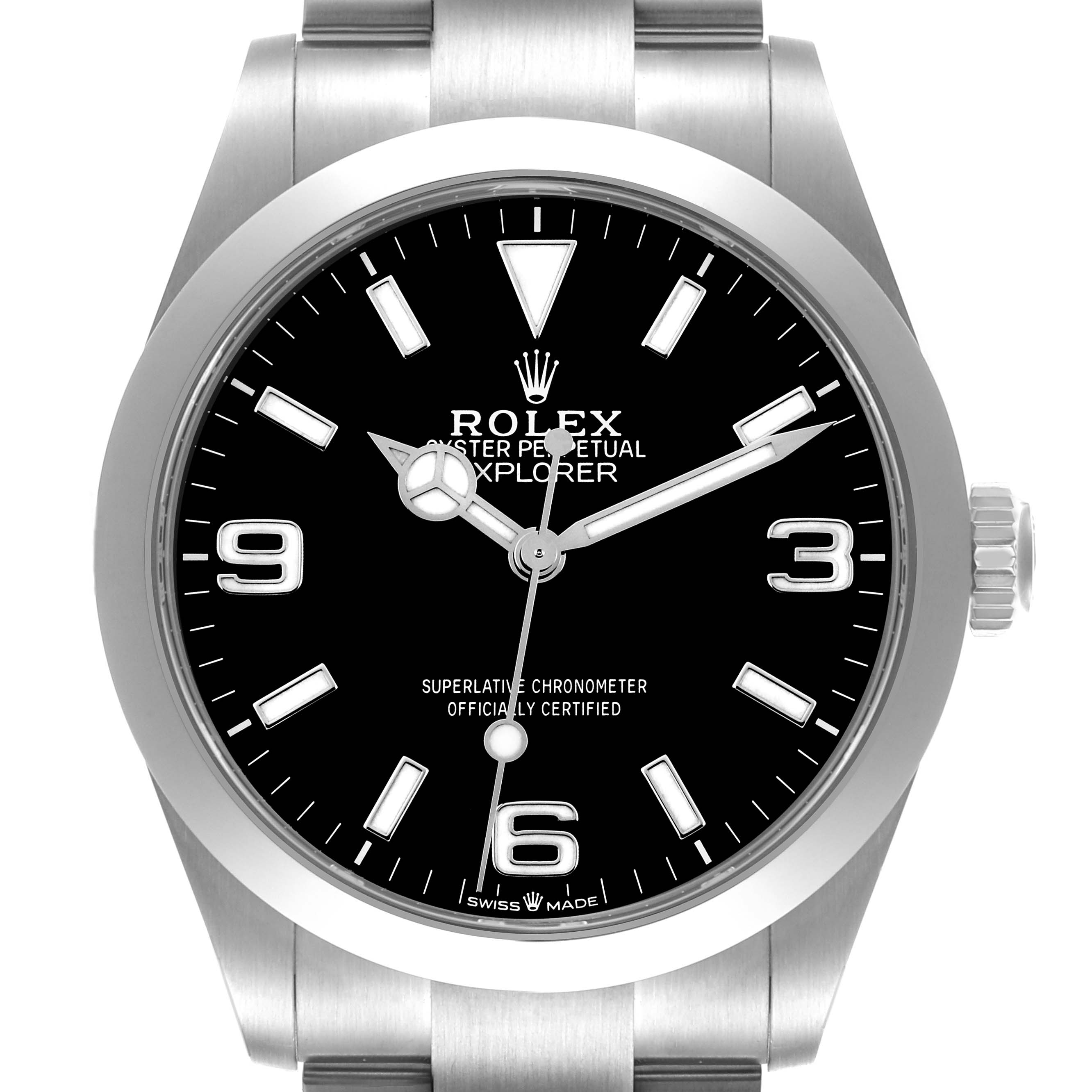 The image shows a front view of a Rolex Explorer 224270 Men
s Stainless Steel Black Dial 224270 Men
s Stainless Steel Black Dial watch, featuring the face, bezel, and partial bracelet.