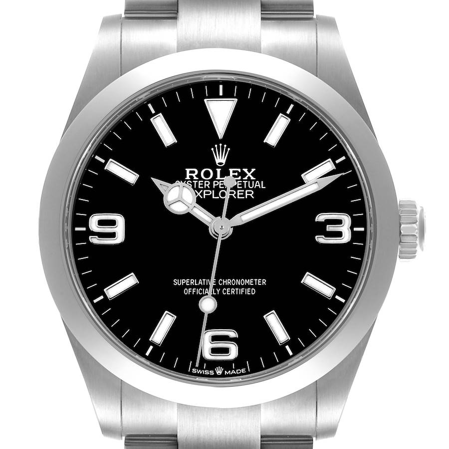 The image shows a front view of a Rolex Explorer watch, featuring the face, bezel, and partial bracelet.