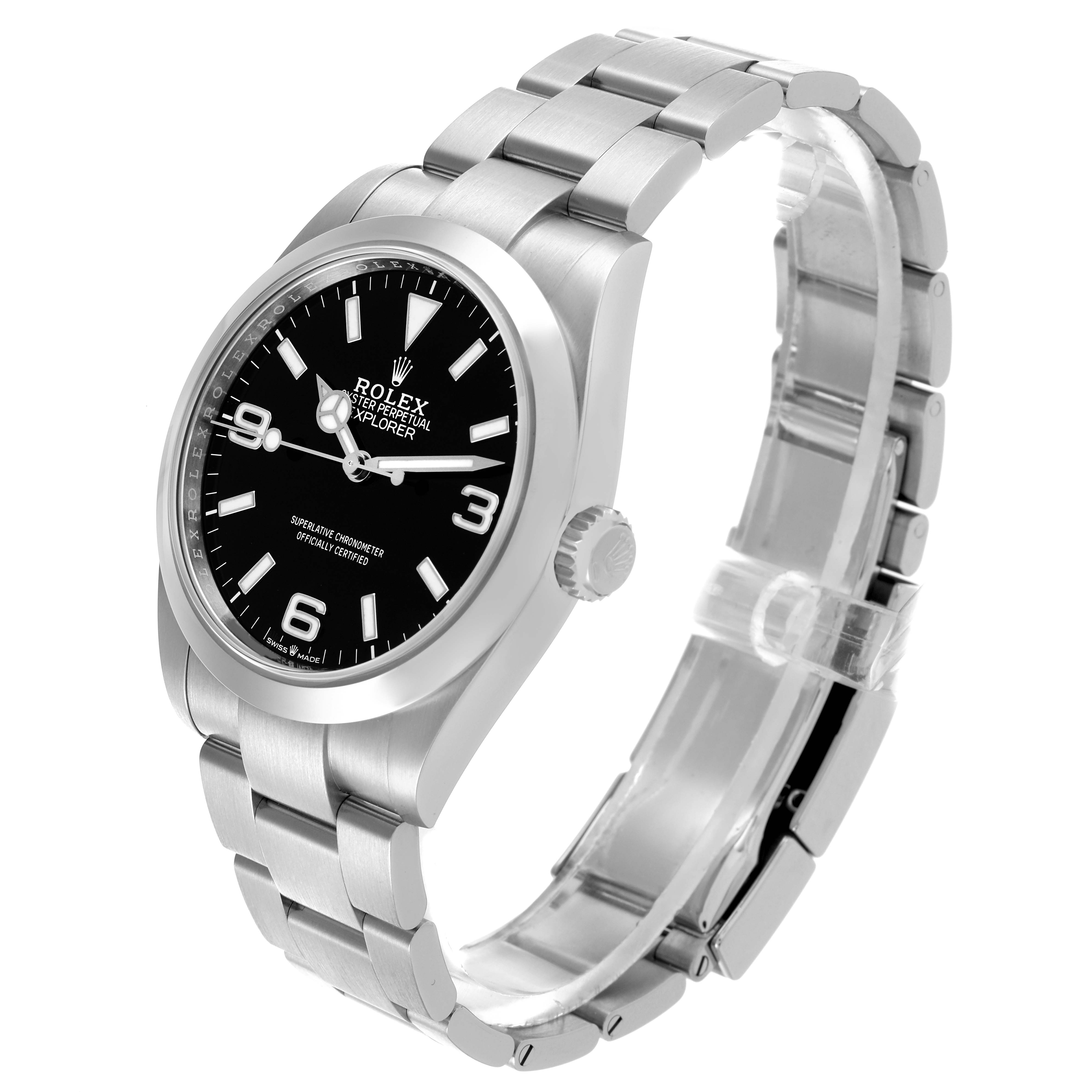 The image shows a side angle of the Rolex Explorer 224270 Men
s Stainless Steel Black Dial 224270 Men
s Stainless Steel Black Dial watch, highlighting the face, bezel, bracelet, and crown.