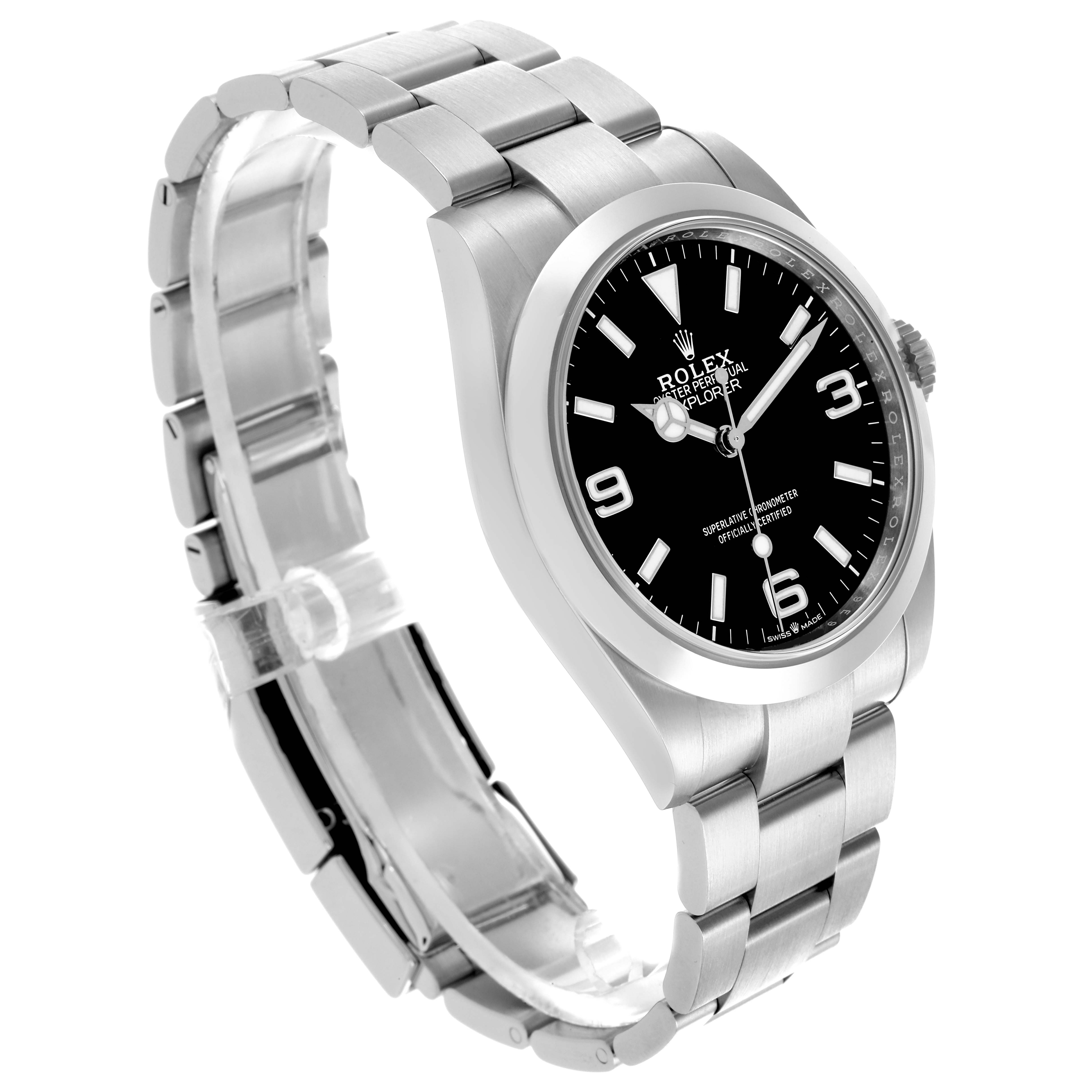 The Rolex Explorer 224270 Men
s Stainless Steel Black Dial 224270 Men
s Stainless Steel Black Dial watch is shown at a three-quarter angle, displaying the face, bezel, and part of the bracelet.