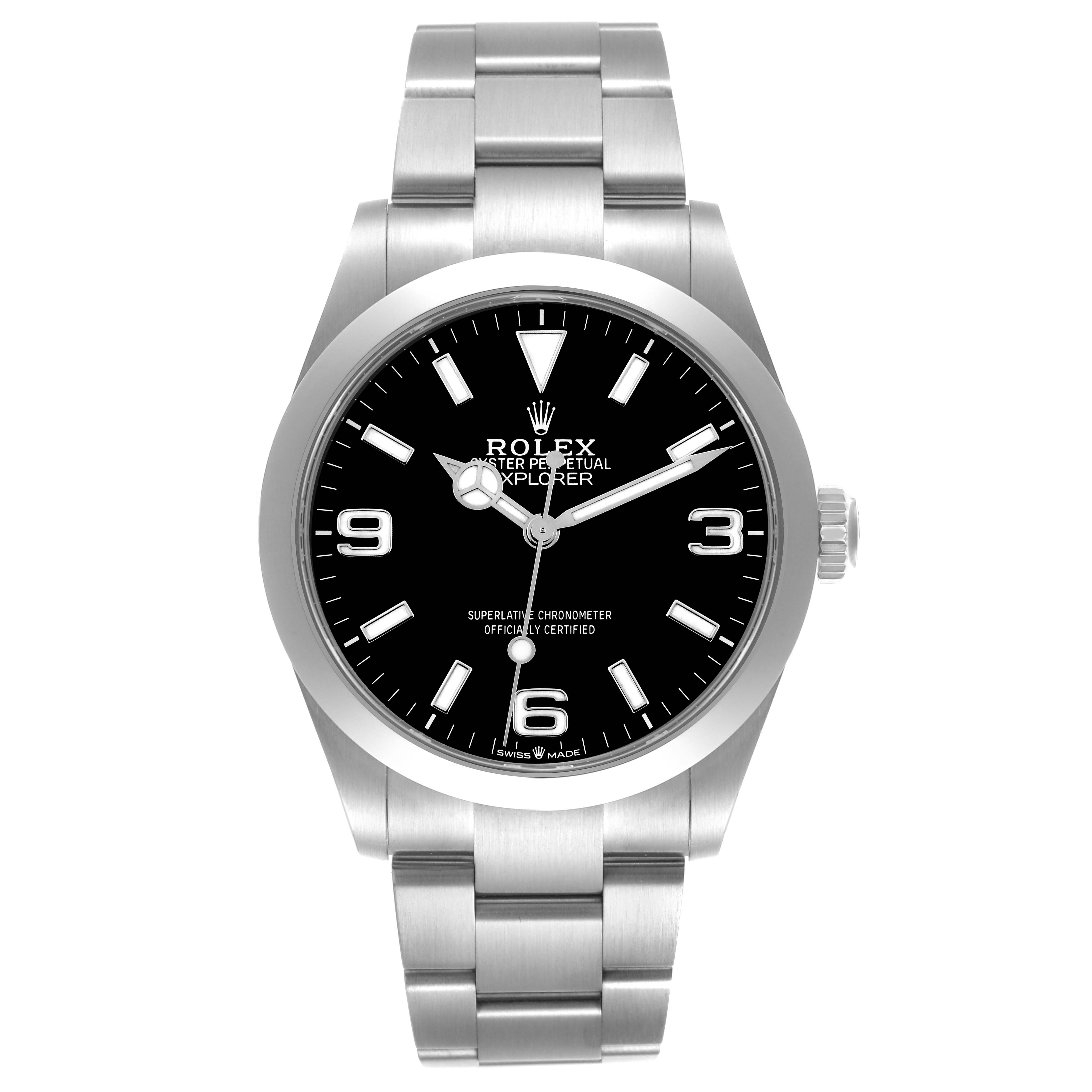 The Rolex Explorer 224270 Men
s Stainless Steel Black Dial 224270 Men
s Stainless Steel Black Dial watch is shown from the front, displaying the face, bezel, crown, and bracelet.