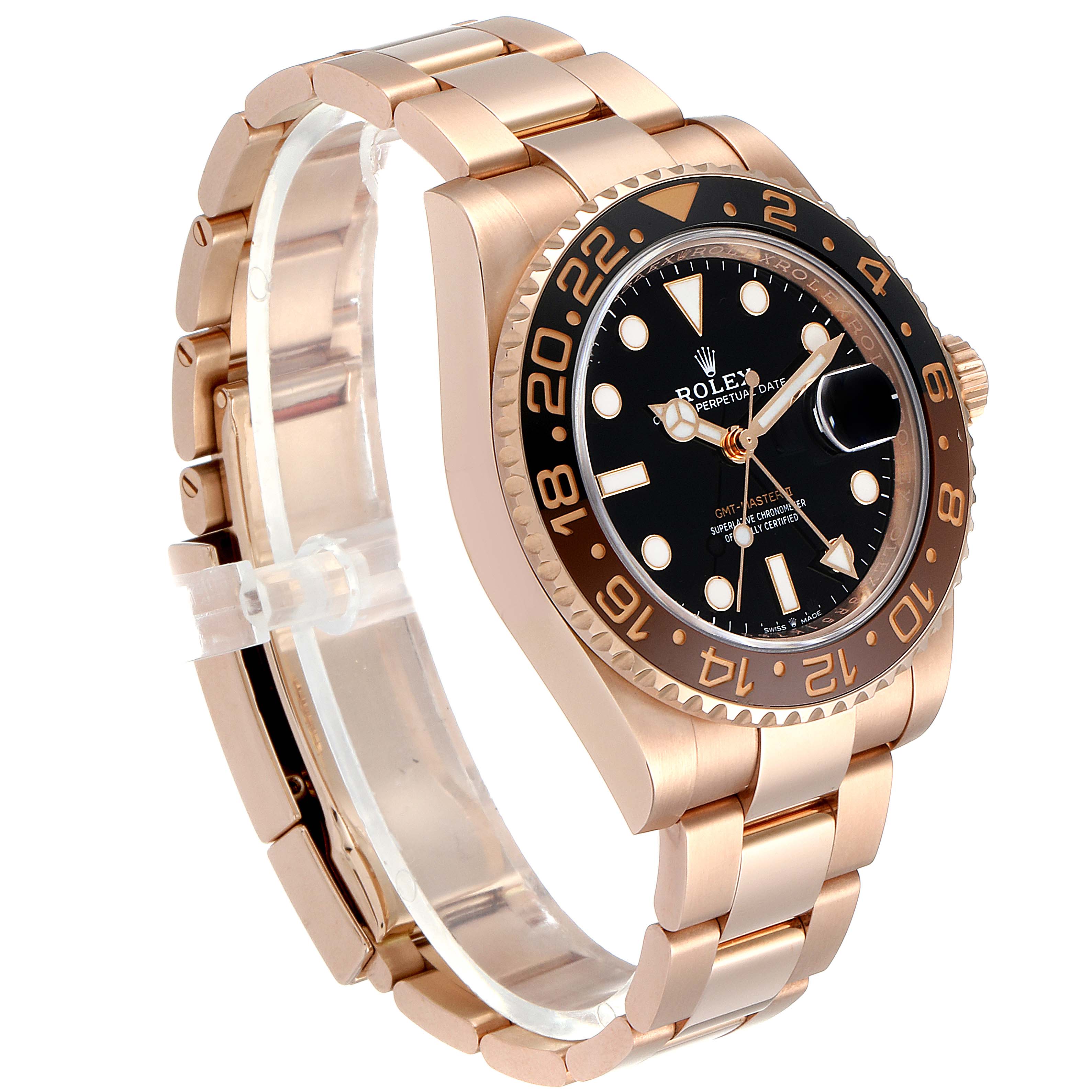 The image shows a side and front view of the Rolex GMT-Master 126715 Men's Rose Gold Black Dial 126715 Men's Rose Gold Black Dial watch, highlighting its bezel, dial, crown, and bracelet.