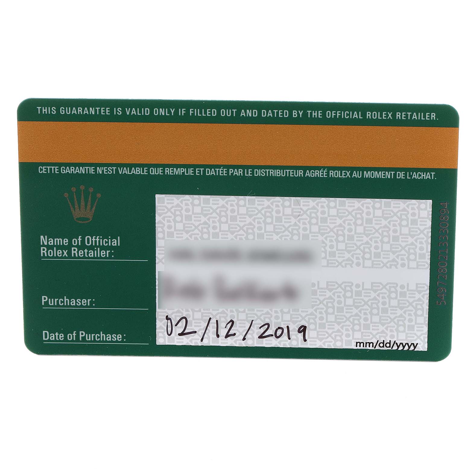 The image shows a warranty card for a Rolex GMT-Master 126715 Men's Rose Gold Black Dial 126715 Men's Rose Gold Black Dial watch, displaying details like the purchase date and retailer information.