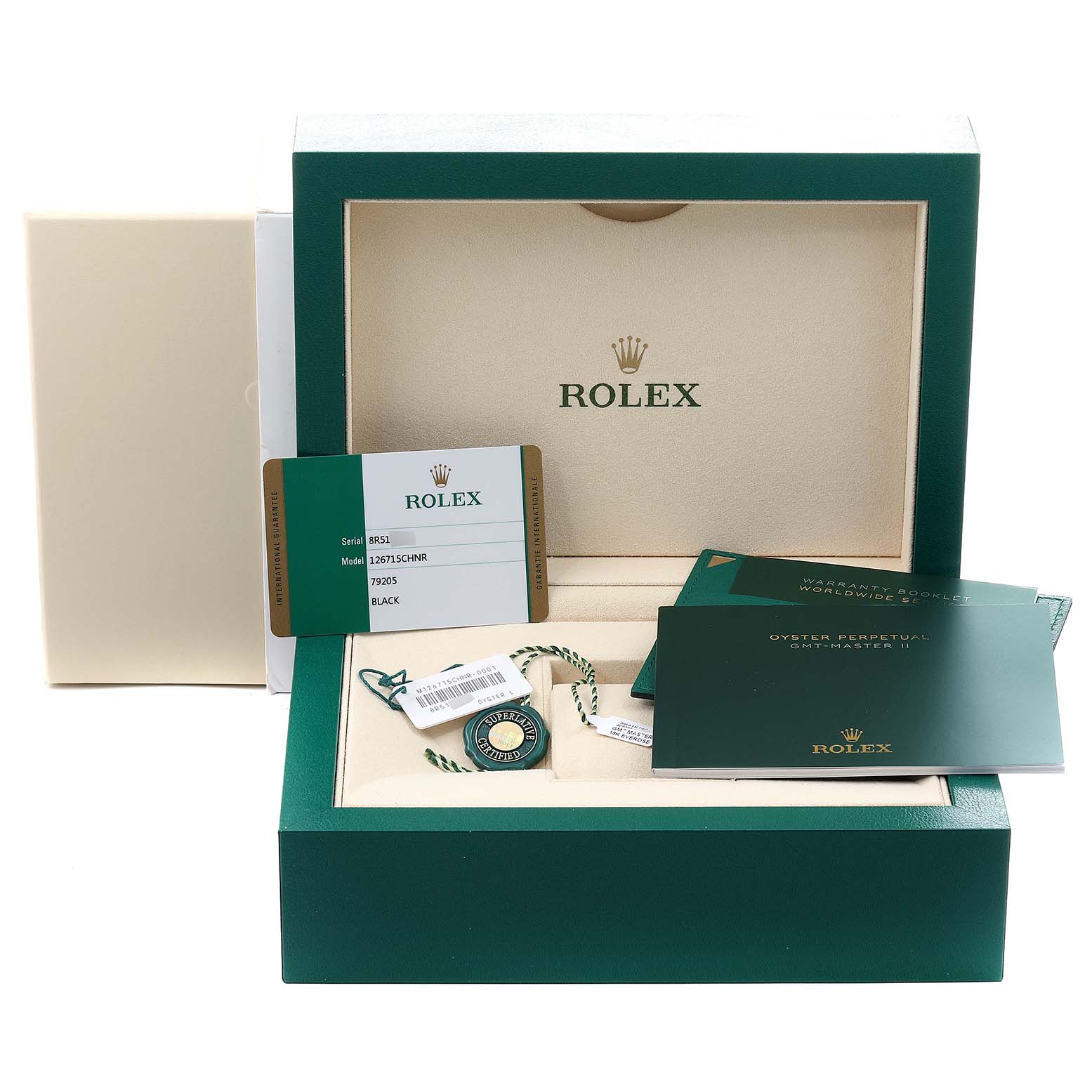 The image shows the packaging, warranty card, tags, and booklets for a Rolex GMT-Master 126715 Men's Rose Gold Black Dial 126715 Men's Rose Gold Black Dial watch.