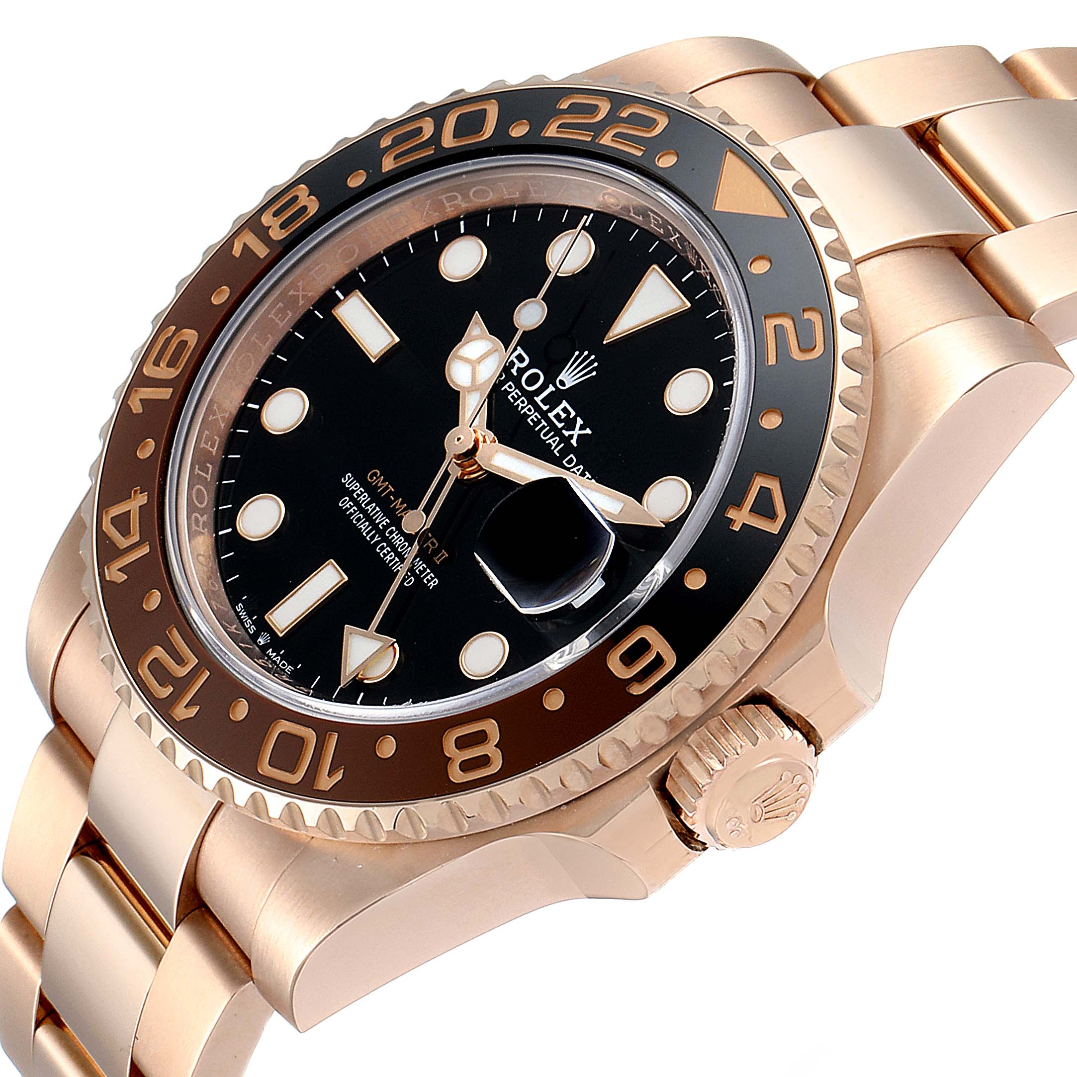 This image shows the Rolex GMT-Master 126715 Men's Rose Gold Black Dial 126715 Men's Rose Gold Black Dial watch at an angled view, highlighting the face, bezel, and part of the bracelet.