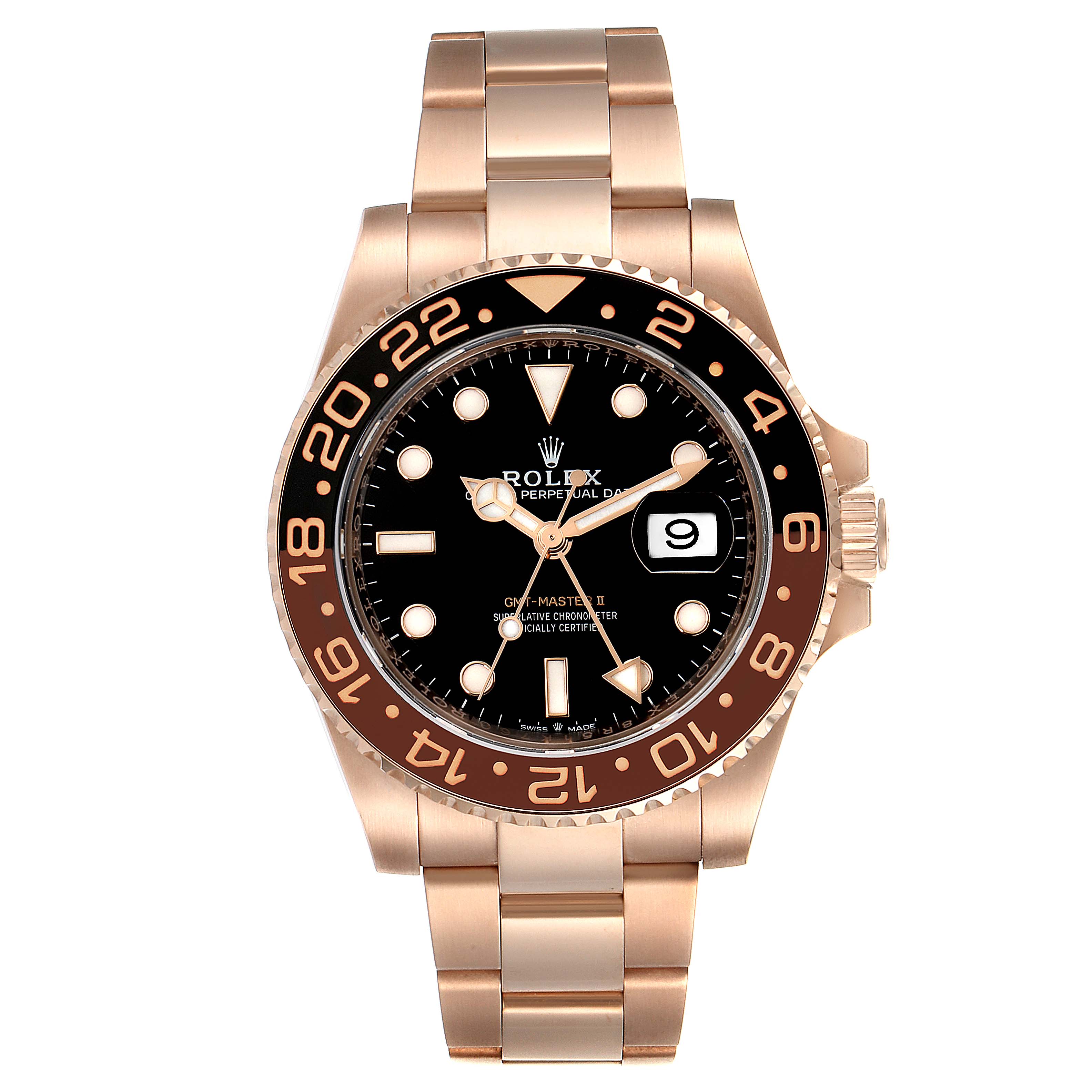 The image shows the front view of a Rolex GMT-Master 126715 Men's Rose Gold Black Dial 126715 Men's Rose Gold Black Dial watch, featuring the dial, bezel, hands, and bracelet.