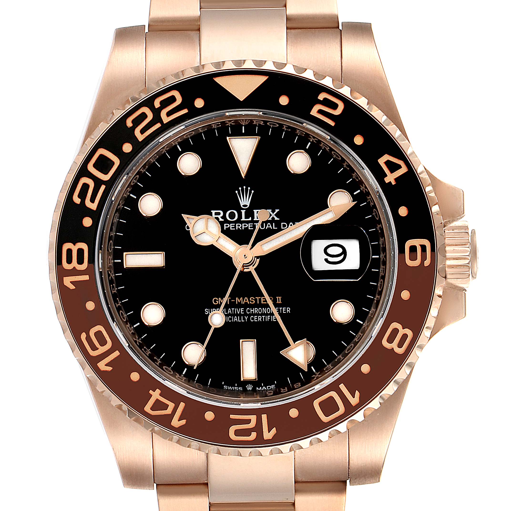 This image shows a front view of a Rolex GMT-Master 126715 Men's Rose Gold Black Dial 126715 Men's Rose Gold Black Dial II watch, highlighting the dial, bezel, and part of the bracelet.