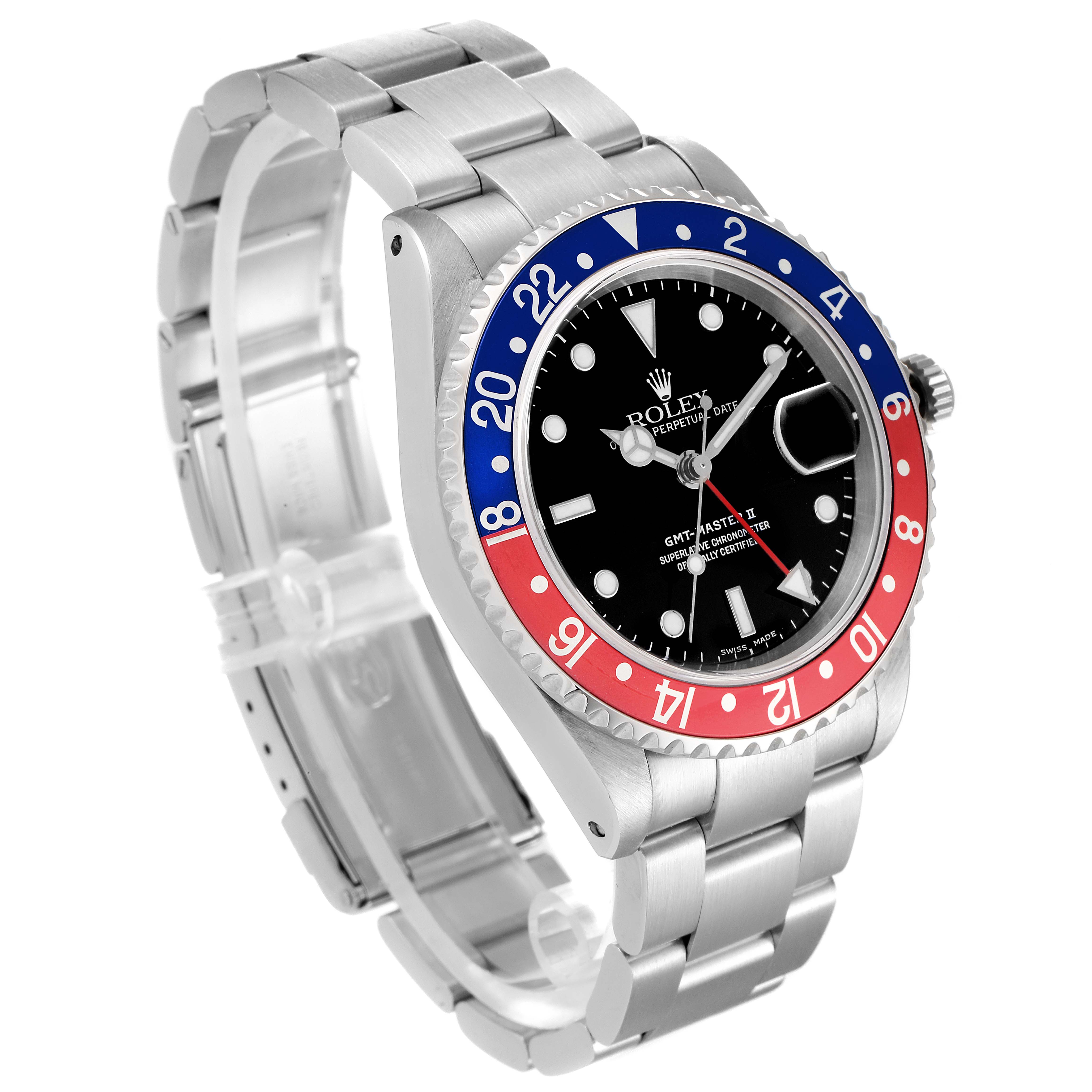 The image shows a side view of a Rolex GMT-Master 16710 Men
s Stainless Steel Black Dial 16710 Men
s Stainless Steel Black Dial watch, highlighting the bezel, dial, and bracelet.