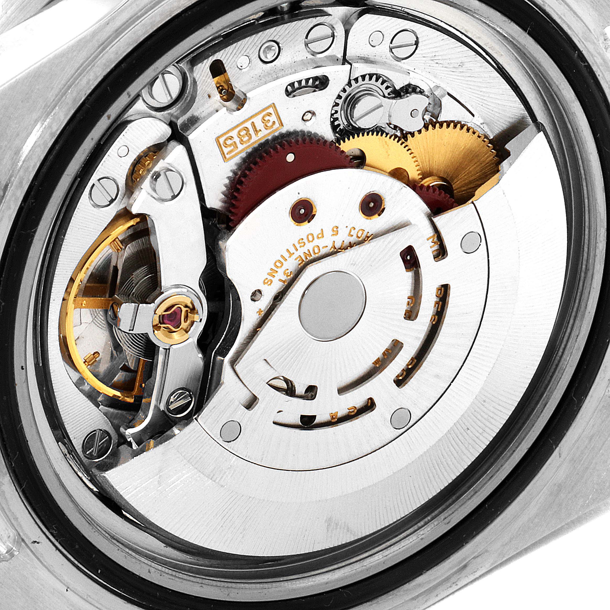 This image shows the intricate movement mechanism of the Rolex GMT-Master 16710 Men
s Stainless Steel Black Dial 16710 Men
s Stainless Steel Black Dial watch from a close-up, internal angle.