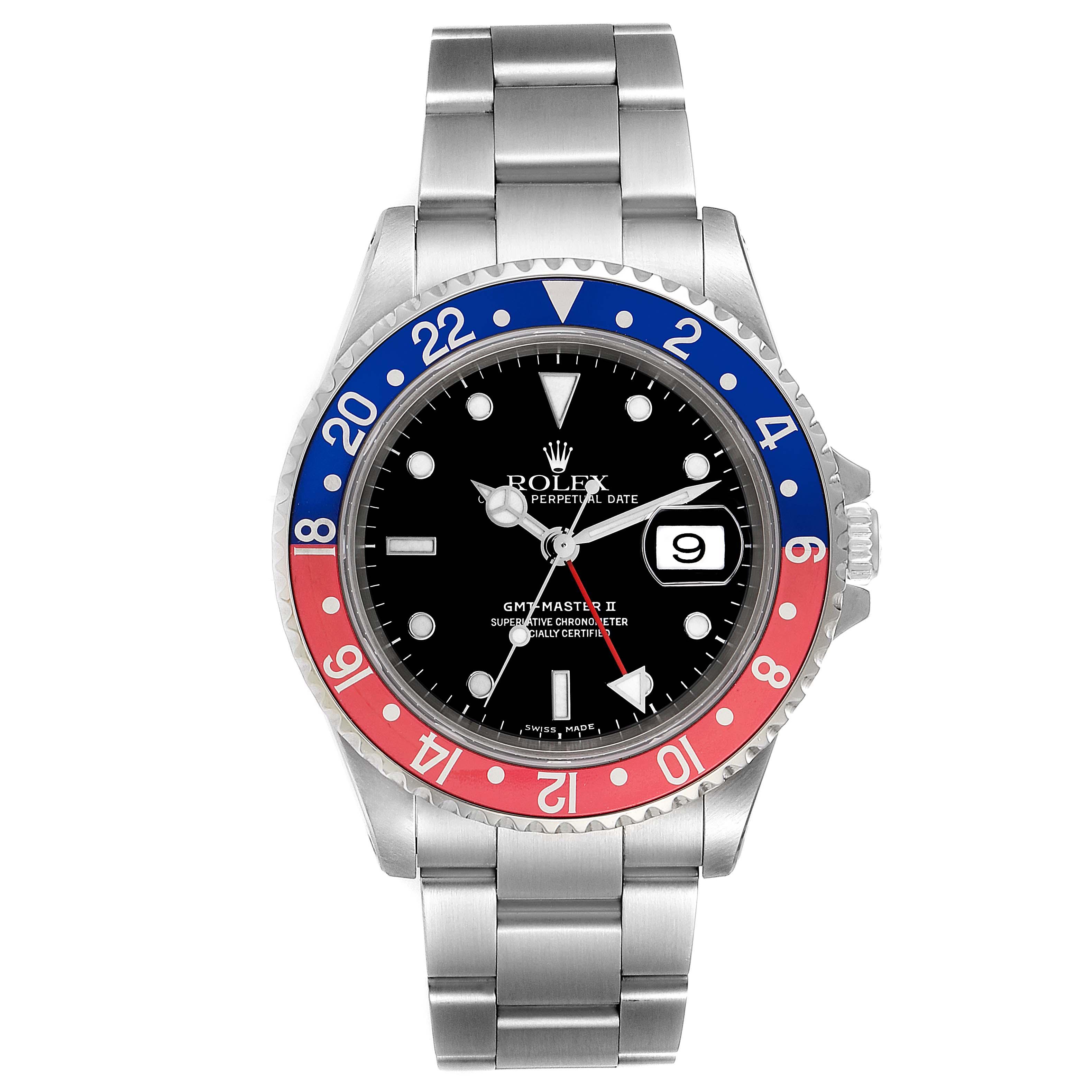 This image shows a frontal view of the Rolex GMT-Master 16710 Men
s Stainless Steel Black Dial 16710 Men
s Stainless Steel Black Dial II watch with a red and blue bezel.