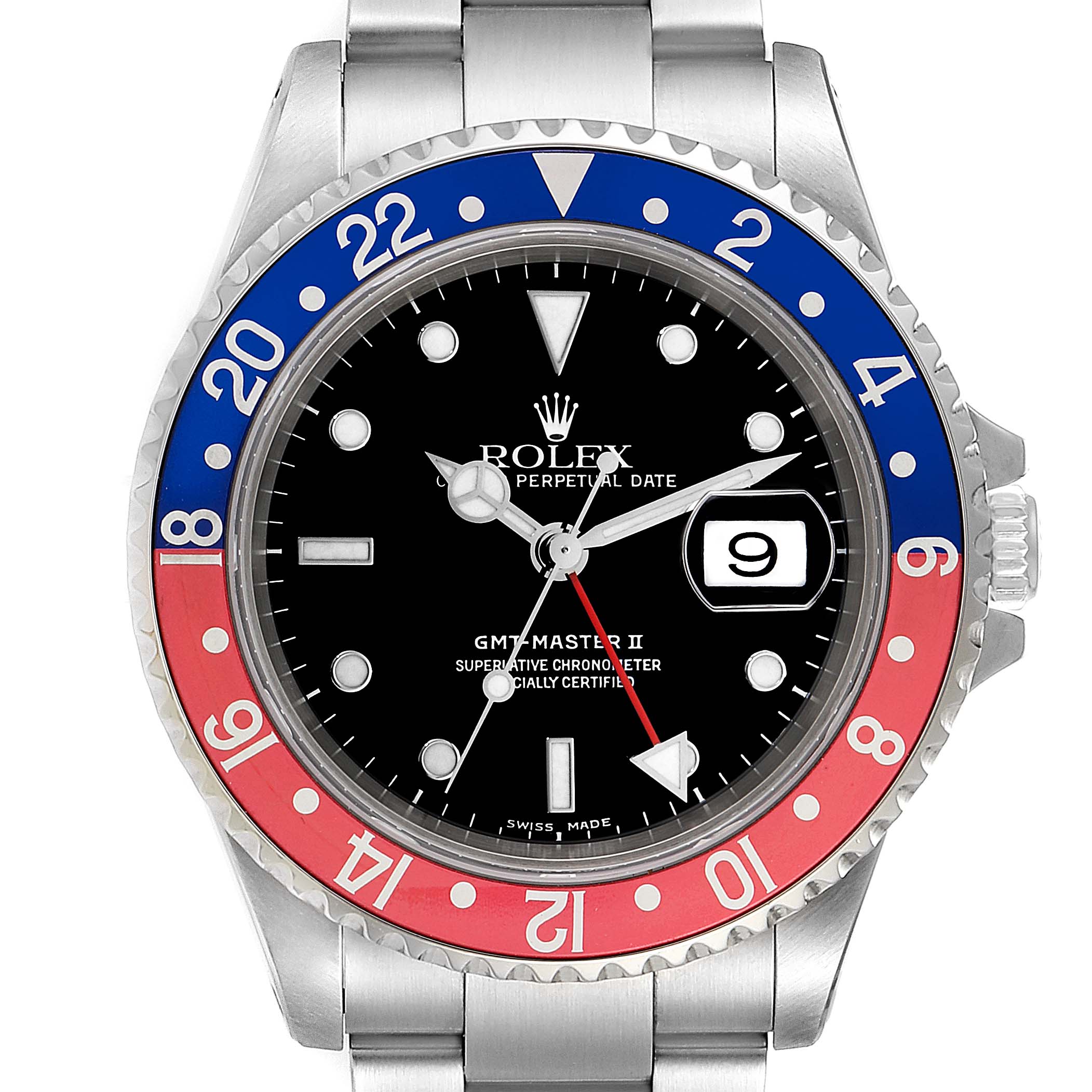 The image shows a front view of the Rolex GMT-Master 16710 Men
s Stainless Steel Black Dial 16710 Men
s Stainless Steel Black Dial II watch, highlighting its dial, bezel, and bracelet.