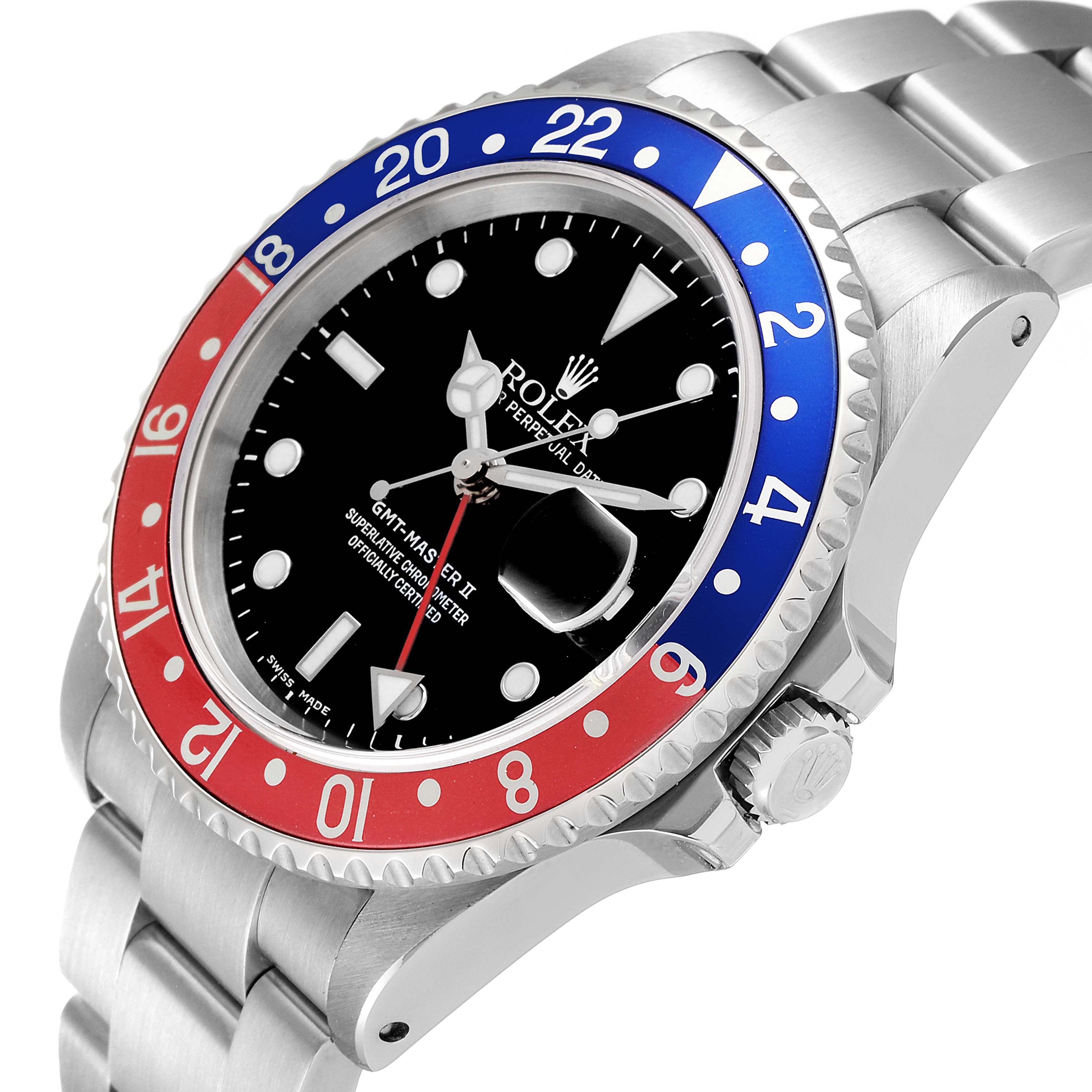 This image shows a side view of the Rolex GMT-Master 16710 Men
s Stainless Steel Black Dial 16710 Men
s Stainless Steel Black Dial with a red and blue bezel and the crown visible.