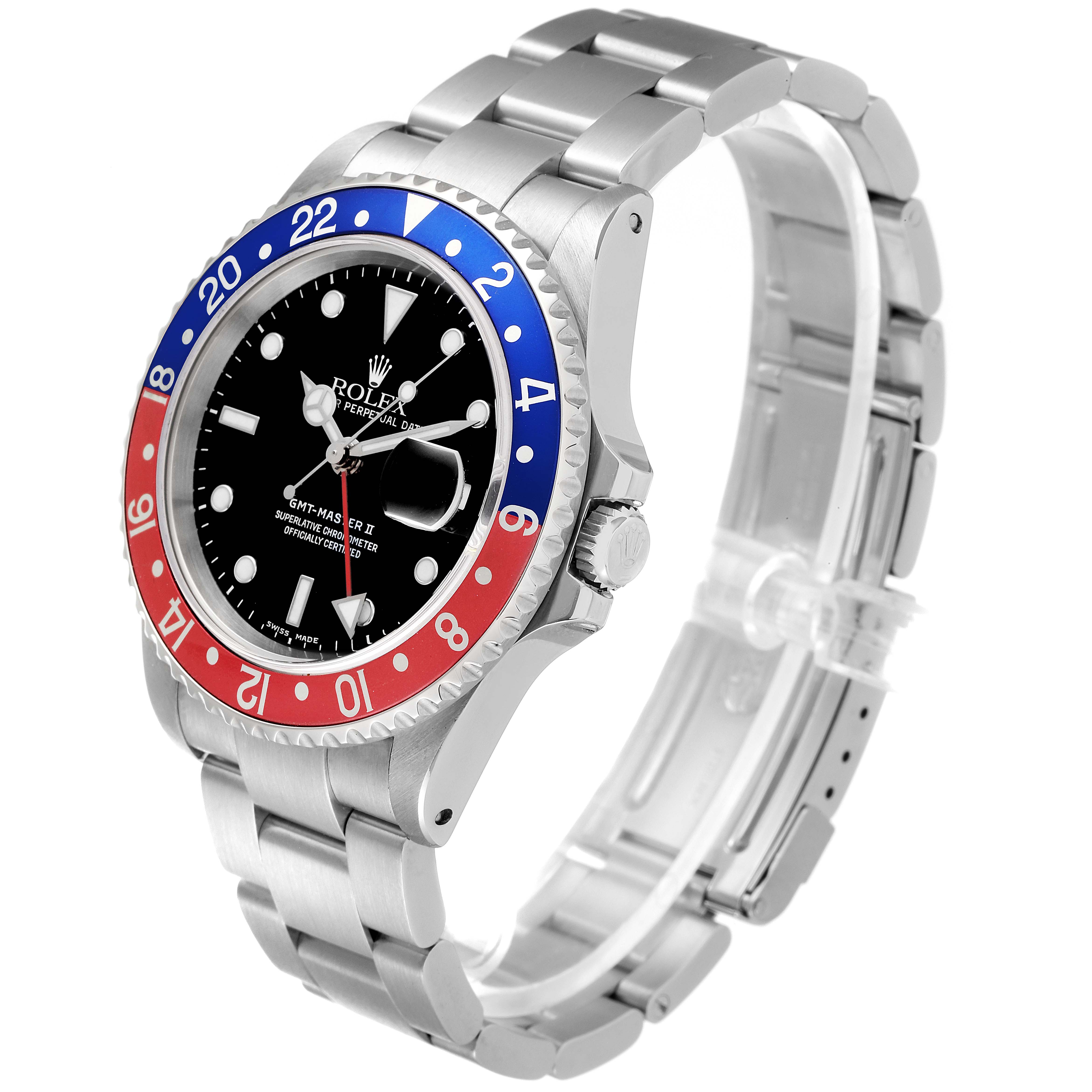 This image shows a side and front view of a Rolex GMT-Master 16710 Men
s Stainless Steel Black Dial 16710 Men
s Stainless Steel Black Dial watch, highlighting the bezel, dial, crown, and bracelet.