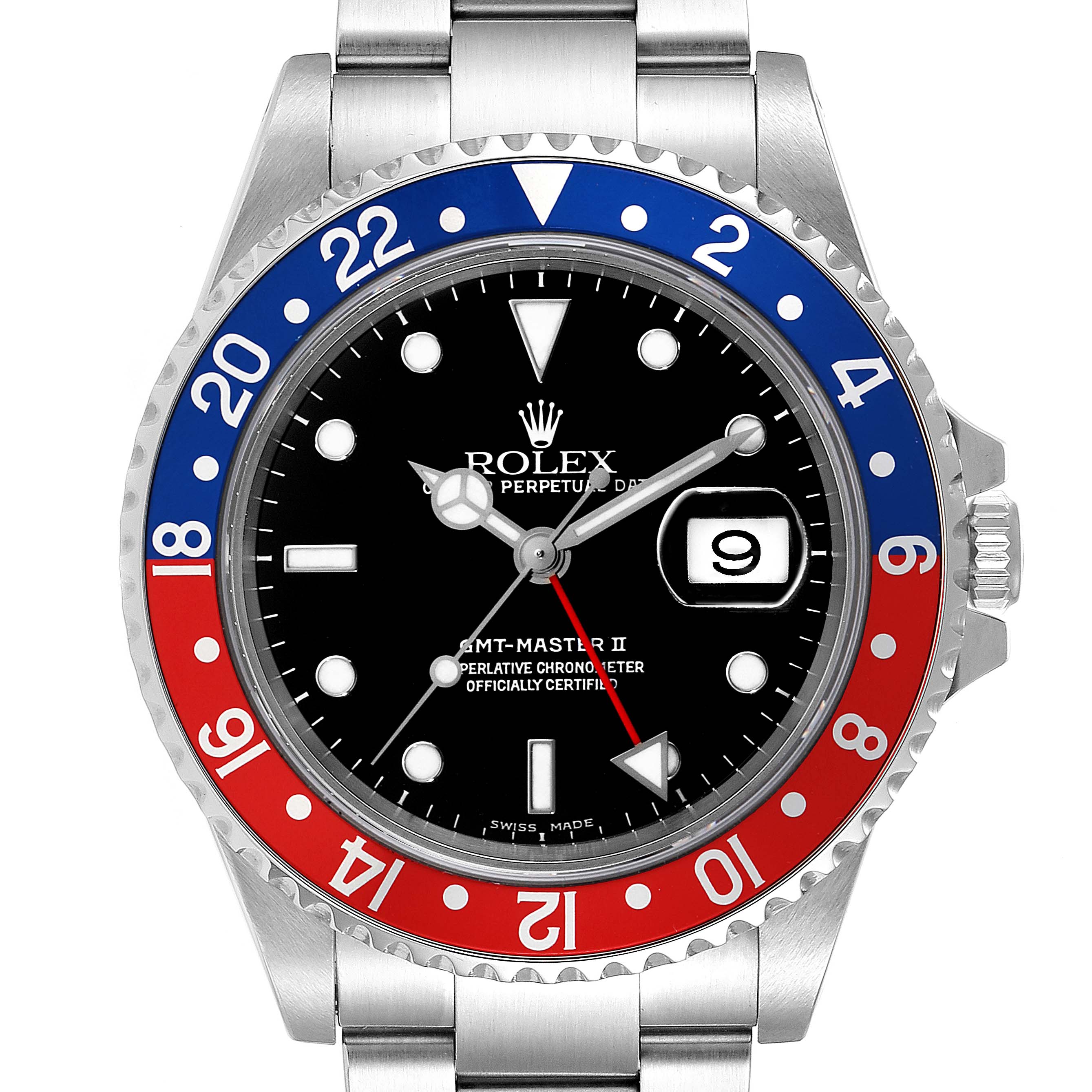 This image shows a front view of the Rolex GMT-Master 16710 Men
s Stainless Steel Black Dial 16710 Men
s Stainless Steel Black Dial II watch, highlighting the bezel, dial, and bracelet.