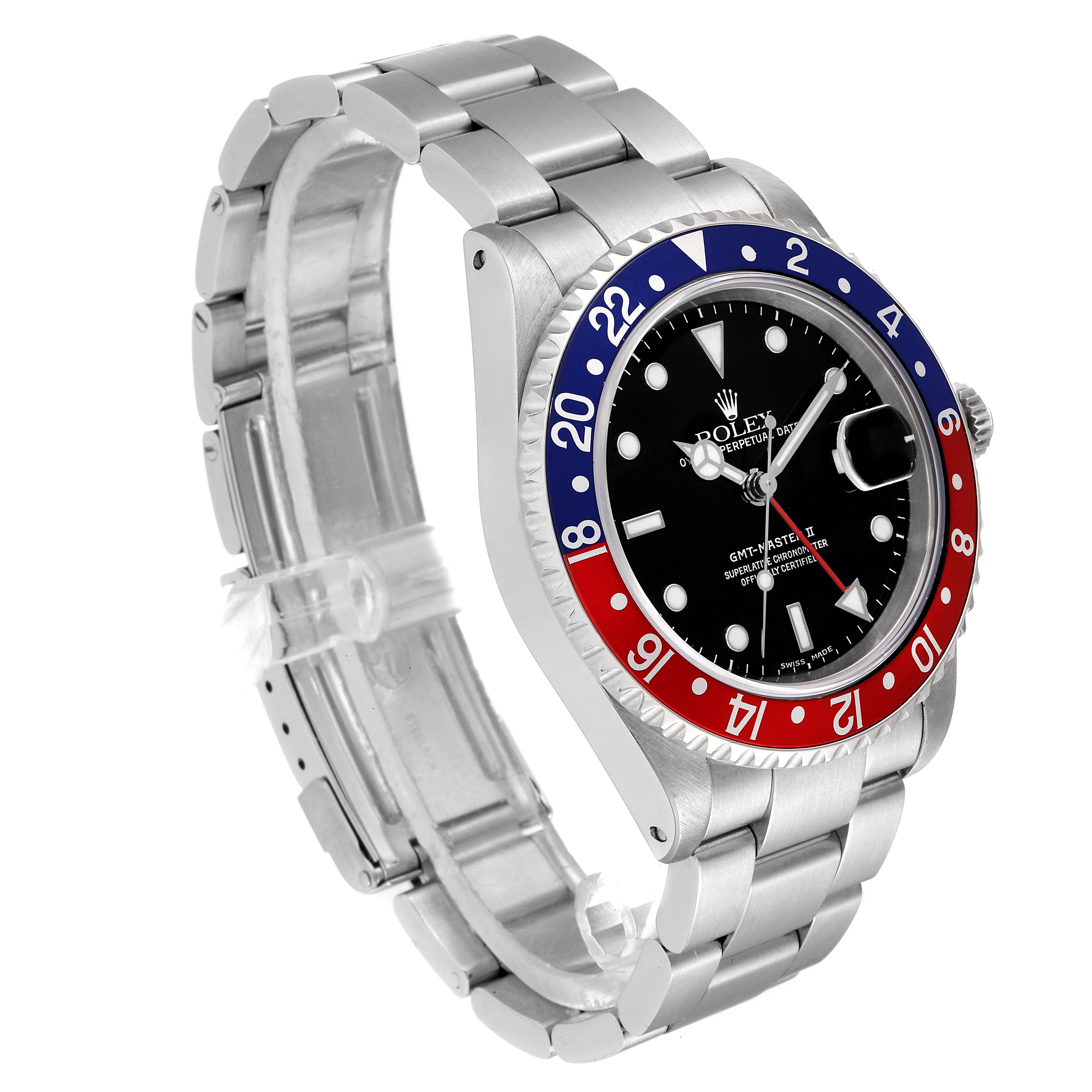 The Rolex GMT-Master 16710 Men
s Stainless Steel Black Dial 16710 Men
s Stainless Steel Black Dial watch is shown at an angle displaying its face, bezel, crown, and bracelet.